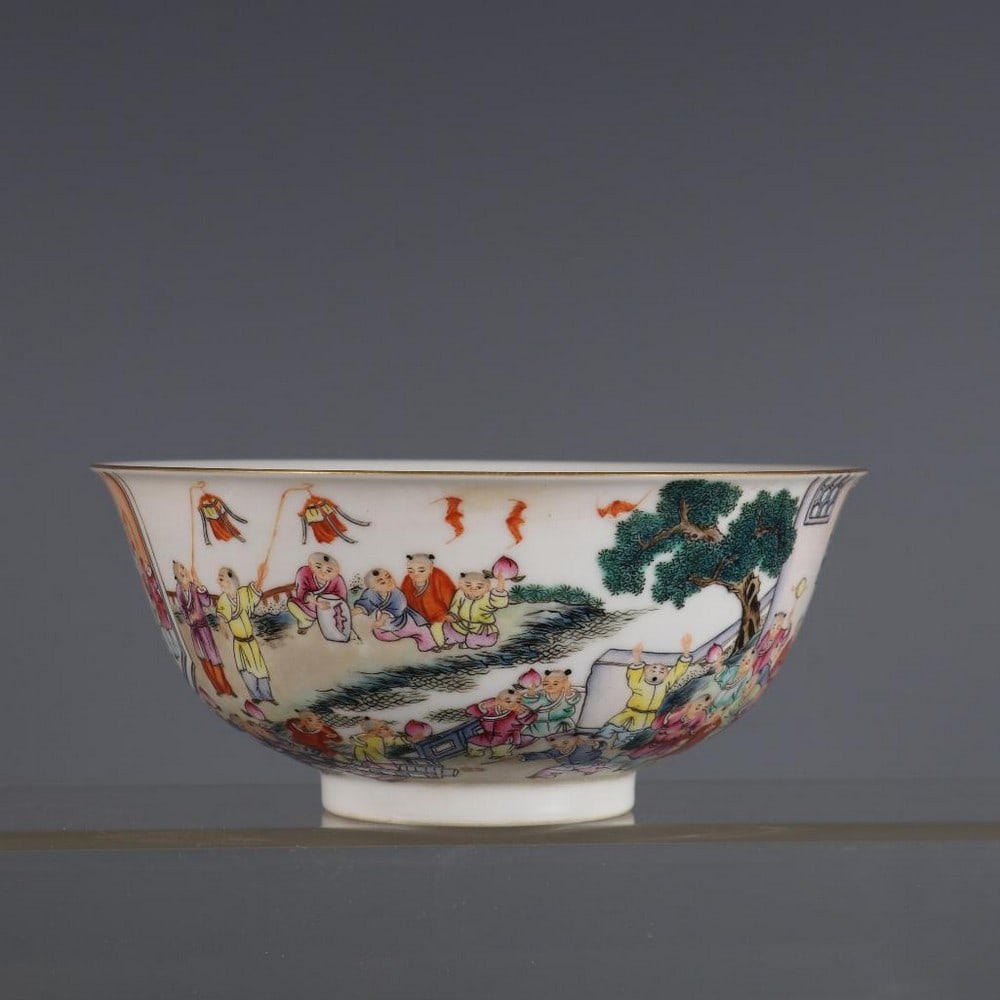 Jiaqing-Inspired Powder Color Hundred Children Palace Bowl: Jiaqing-Inspired Powder Color Hundred Children Palace Bowl. This exquisite palace bowl is inspired from the Qing Dynasty s Jiaqing period (1796-1820), featuring the vibrant powder color (fencai) techn