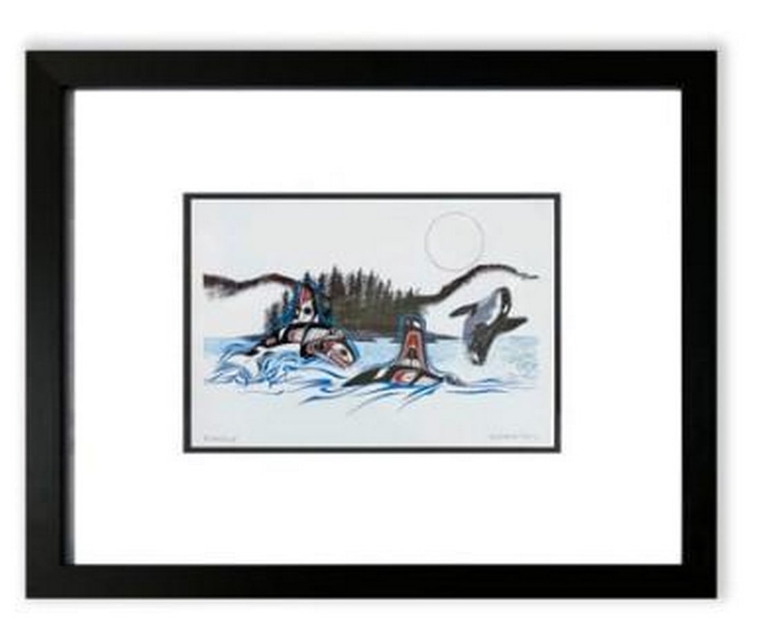 Whales Of The Sacred Waters Print: Whales Of The Sacred Waters Print. In this evocative artwork, artist Richard Shorty illustrates the graceful dance of three whales emerging from the water, embodying harmony, strength, and the rhythm 