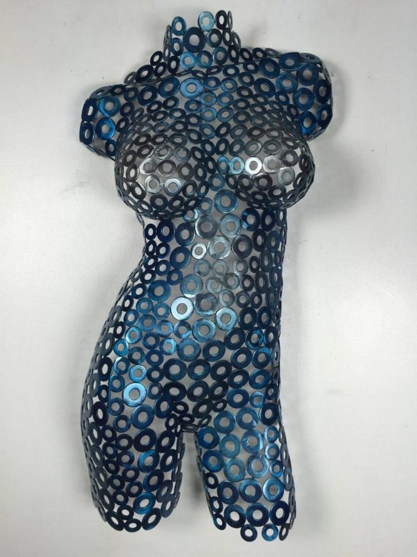 Silver and Blue Harmony Torso Sculpture: Silver and Blue Harmony Torso Sculpture This striking female torso sculpture seamlessly blends artistry and craftsmanship, expertly hand-formed and welded with attention to detail. The fine textures, 