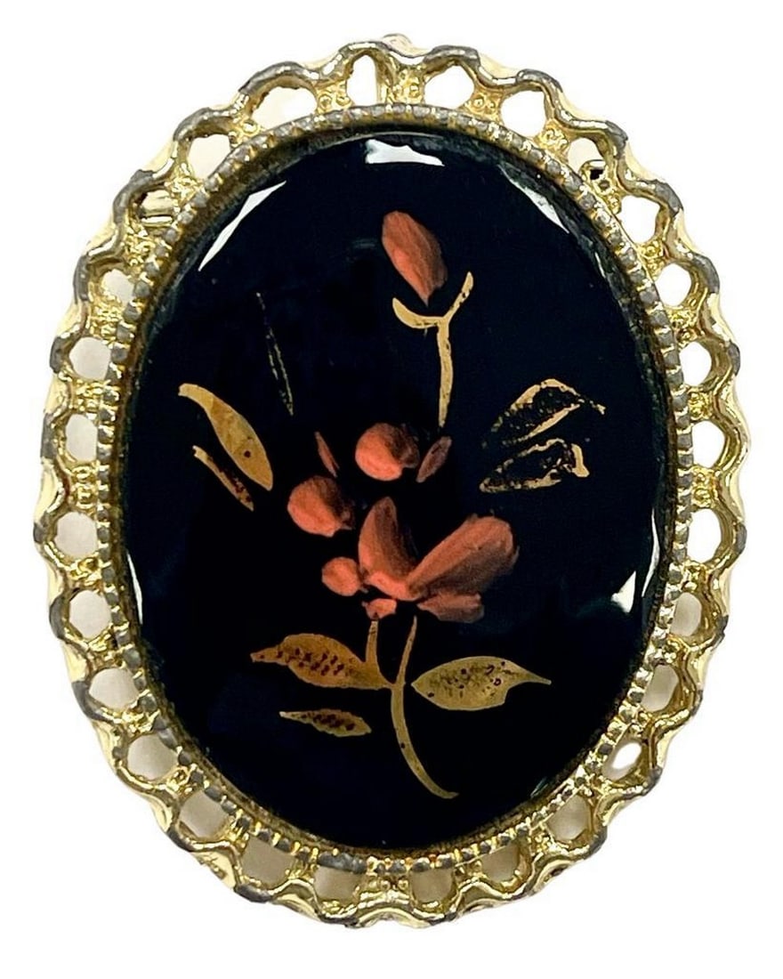 Gilded Midnight Blossom Hand-Painted Flower Brooch: Gilded Midnight Blossom Hand-Painted Flower Brooch The Gilded Midnight Blossom Hand-Painted Flower Brooch is a captivating masterpiece that marries artistry and sophistication. Meticulously crafted, i