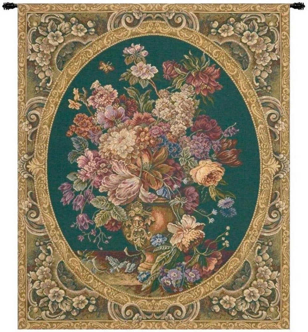 Blooming Harmony: Floral Composition in Green, Italian Wall Tapestry: Blooming Harmony: Floral Composition in Green, Italian Wall Tapestry This Italian jacquard woven wall tapestry showcases a lush floral arrangement spilling gracefully onto a table. The detailed petals