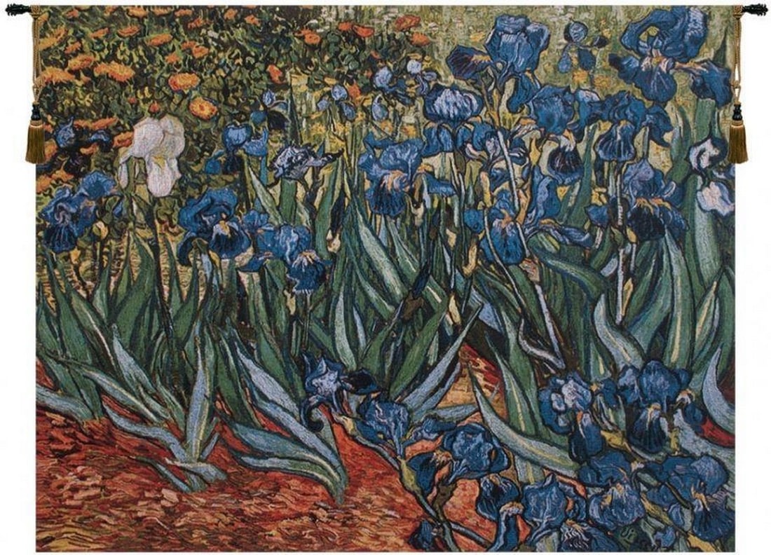 Irises in Garden Van Gogh Belgian Wall Tapestry - 23'' x 18'': Irises in Garden Van Gogh Belgian Wall Tapestry - 23'' x 18'' Bring expressive beauty and timeless artistry into your space with this '' Irises in Garden'' wall tapestry. Woven in Belgium, this stunni