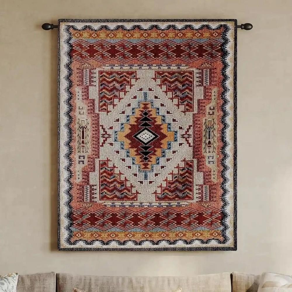 Southwest Salmon Wall Tapestry: Southwest Salmon Wall Tapestry This wall tapestry features a southwestern-inspired design in warm salmon tones, reflecting the colors and patterns commonly associated with Southwest decor. The composi