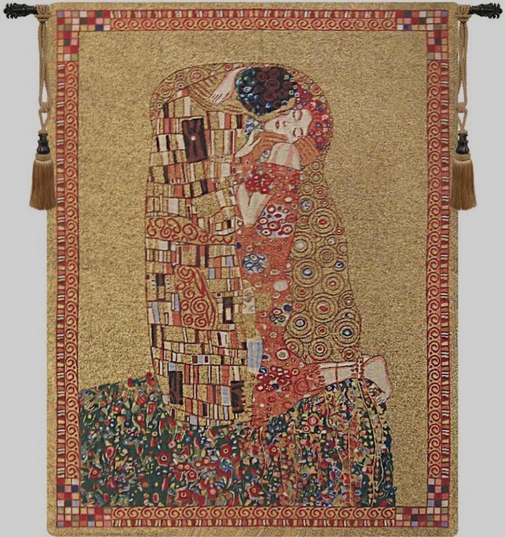Gustav Klimt's The Kiss I Belgian Wall Tapestry: Gustav Klimt's The Kiss I Belgian Wall Tapestry This woven wall tapestry features imagery inspired by The Kiss, the most renowned work by Austrian painter Gustav Klimt. The composition depicts an embr