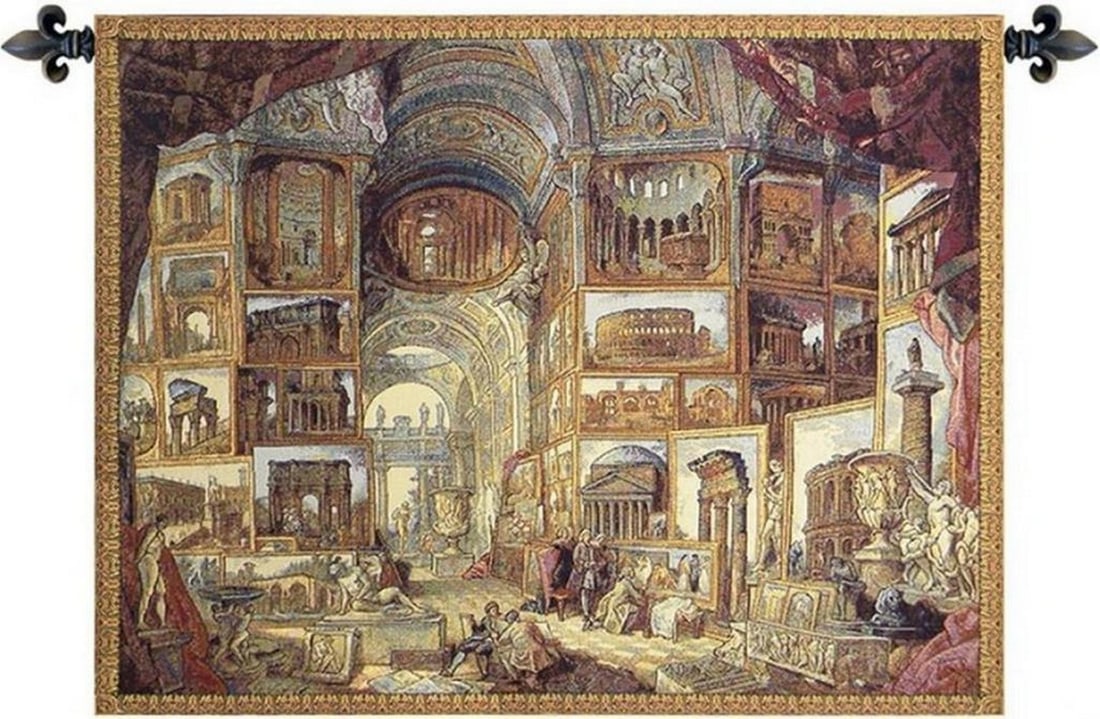 Gallery Interior I Italian Wall Tapestry: Gallery Interior I Italian Wall Tapestry This Italian woven wall tapestry features imagery drawn from the interior of a museum of art in Italy. The composition captures architectural depth and a quiet