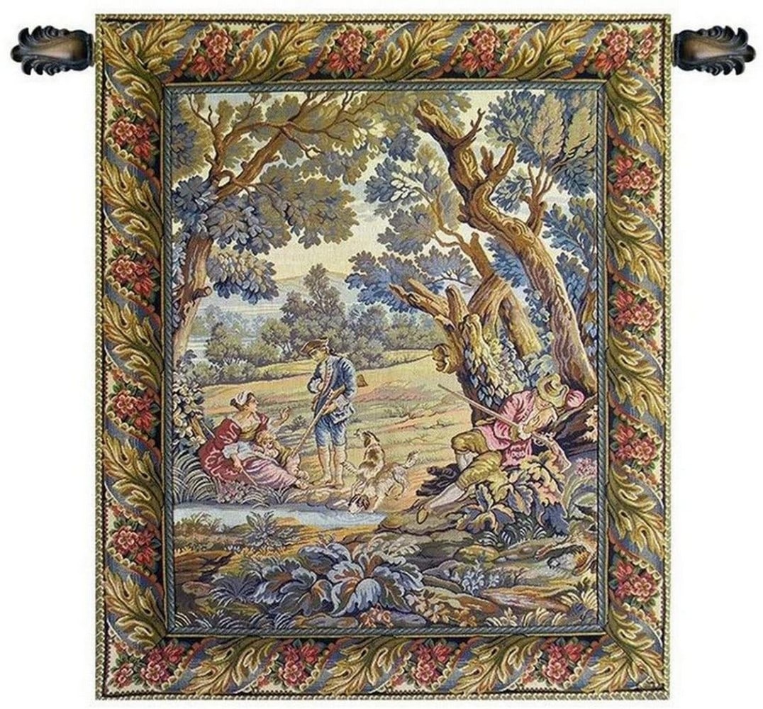 Forest Retreat: Hunters at Rest Vertical Italian Wall Tapestry: Forest Retreat: Hunters at Rest Vertical Italian Wall Tapestry This Italian jacquard woven wall tapestry is inspired by an 18th-century verdure painting. The scene depicts hunters and their families p