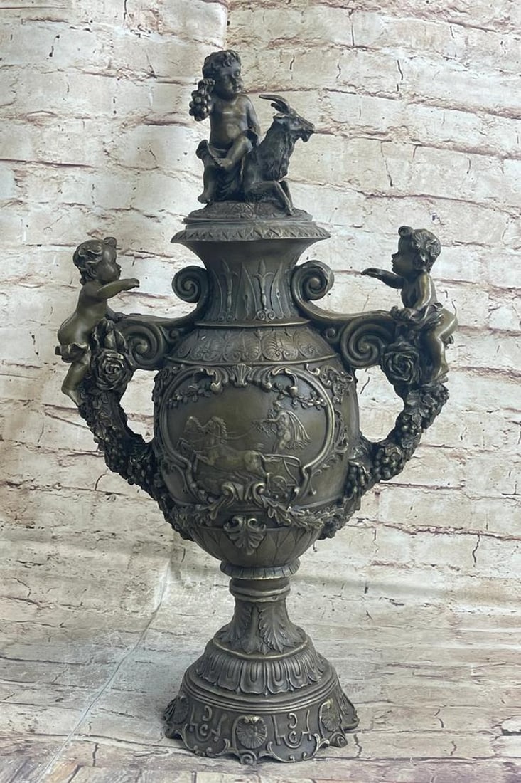 Signed Original Neoclassical Cherubim Bronze Urn Sculpture - 20'' x 12'' (1 of 8)