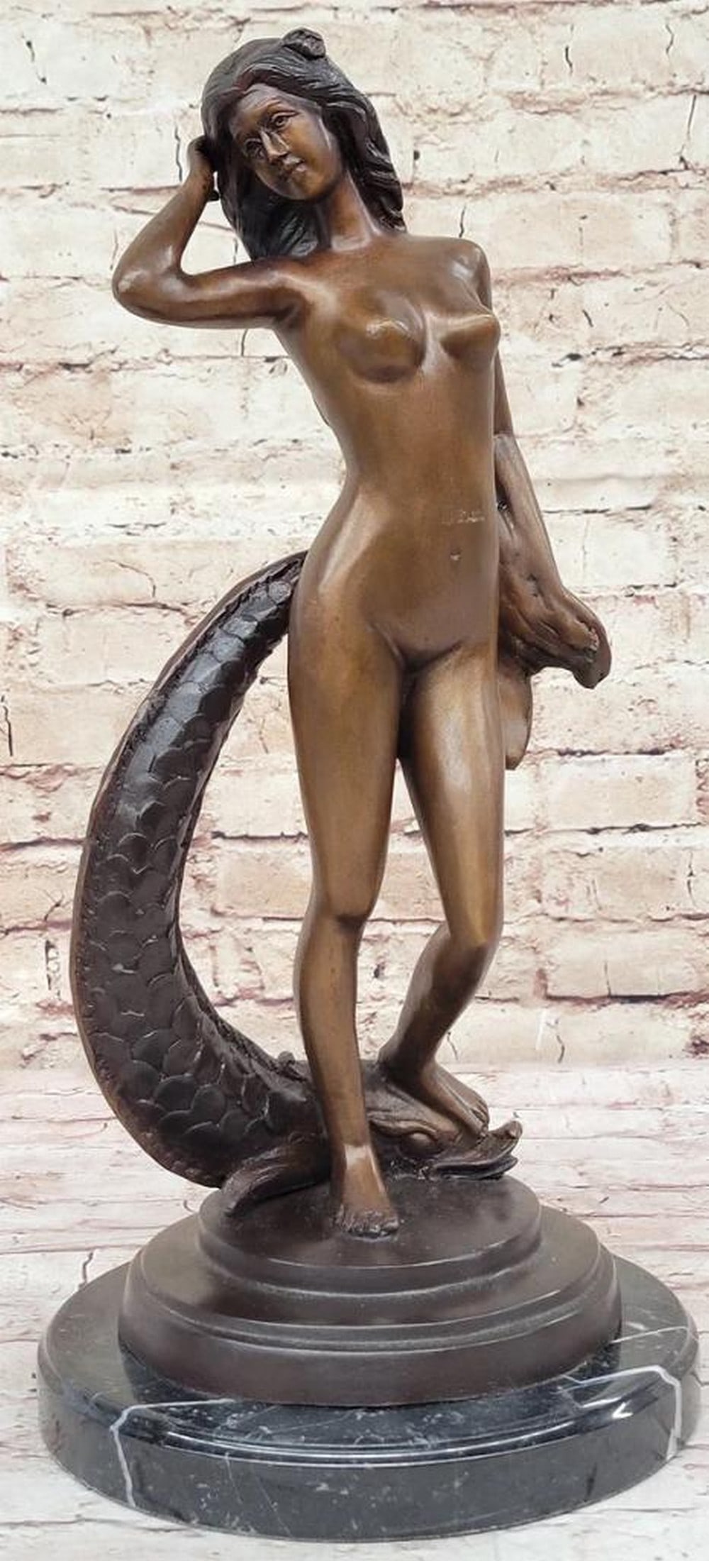 Aquatic Harmony - Signed Original Bronze Sculpture of Sea Nymph with Fish by Collett - 16'' x 8'': Aquatic Harmony - Signed Original Bronze Sculpture of Sea Nymph with Fish by Collett - 16'' x 8'' Immerse yourself in the captivating elegance of '' Aquatic Harmony,'' a bronze sculpture by Collett th