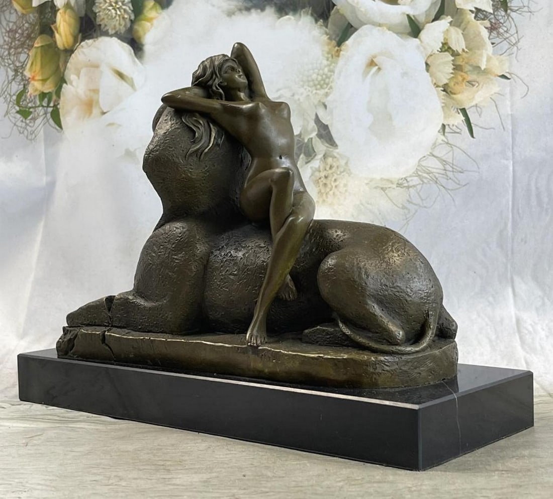 Inspired T. Herlinger Egyptian Sphinx w/ Nude Girl Art Deco Bronze Statue Sculpture 10'' x 12'': Inspired T. Herlinger Egyptian Sphinx w/ Nude Girl Art Deco Bronze Statue Sculpture 10'' x 12'' This Inspired T. Herlinger calls upon classical influences. This stunning work captures a languid beauty