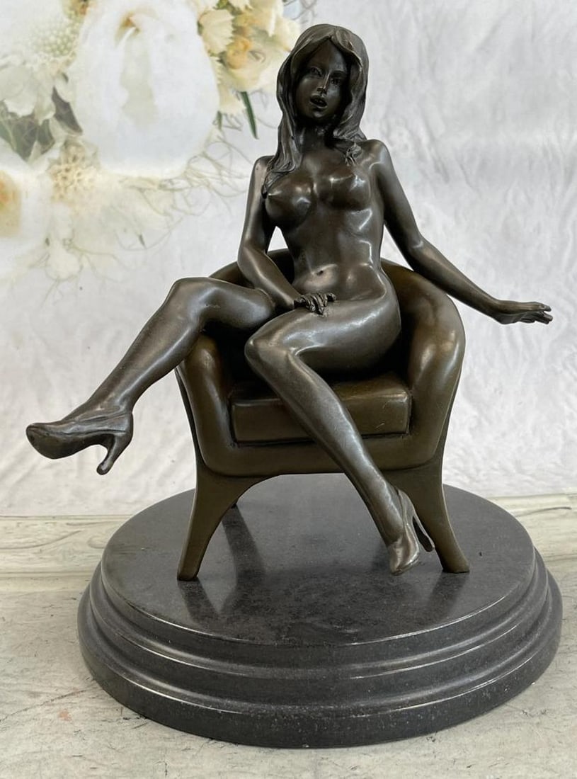 Signed Original Nude Woman Posed In Chair Bronze Sculpture - 10'' x 9'': Signed Original Nude Woman Posed In Chair Bronze Sculpture - 10'' x 9'' She sits side saddled on a sofa as the wind blows through her hair. She wears nothing and completely naked. Her breasts are expo