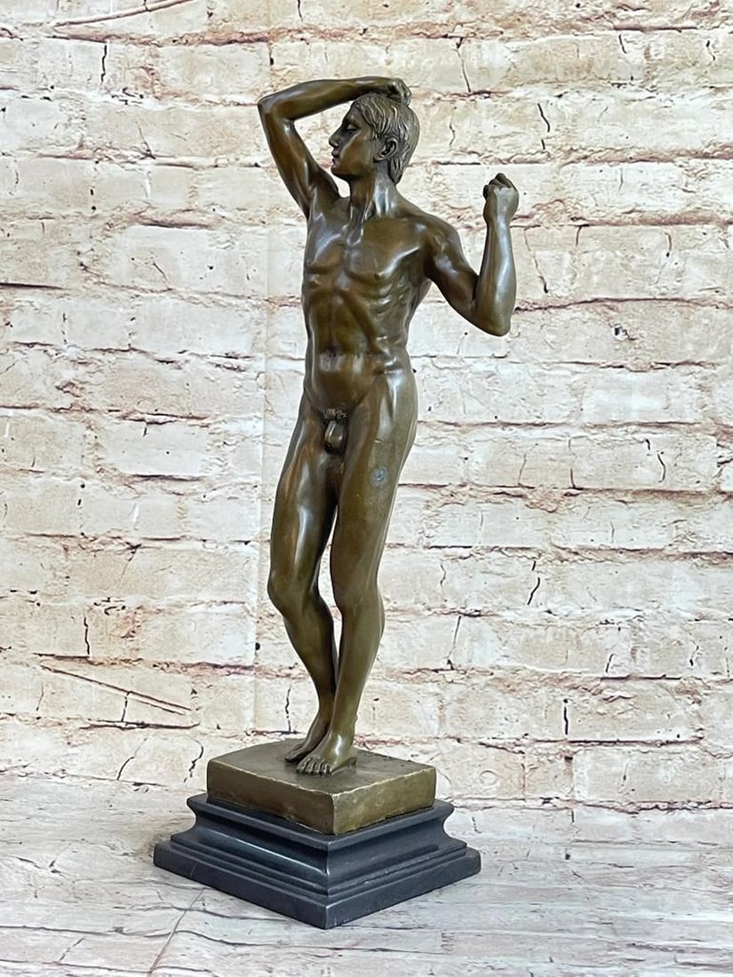 Rodin Inspired Erotic Male Standing Bronze Sculpture - 18'' x 5'': Rodin Inspired Erotic Male Standing Bronze Sculpture - 18'' x 5'' The bronze man in a contrapposto pose can be imagined modeling for a group of artists grasping the art of the human form. His nudity r