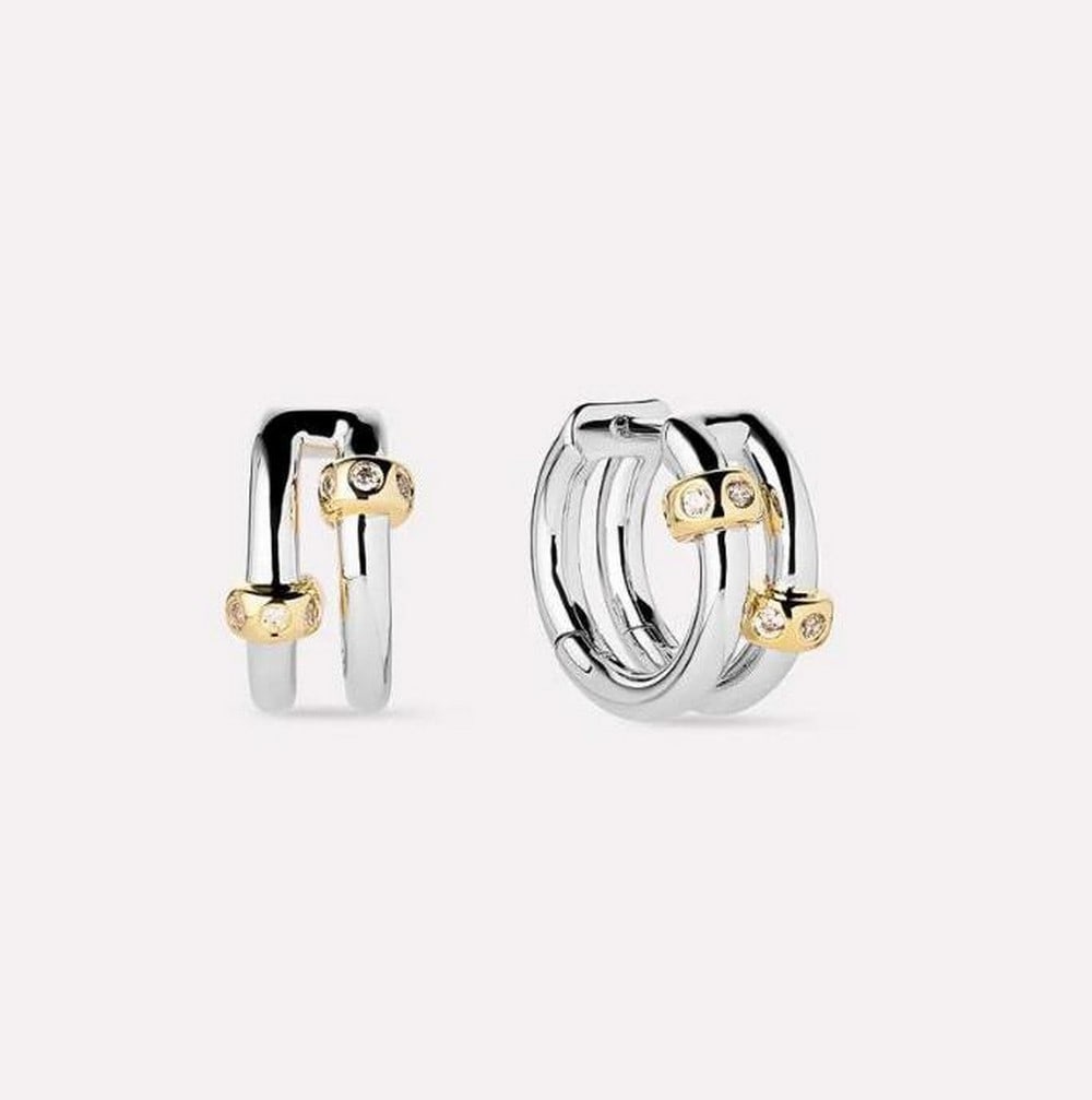 14K Gold & Rhodium-Plated Double Hoop Earrings with Cubic Zirconia: 14K Gold & Rhodium-Plated Double Hoop Earrings with Cubic Zirconia These earrings feature 14k gold and rhodium plating over brass with a double-hoop design, each hoop accented with a small cubic zirco