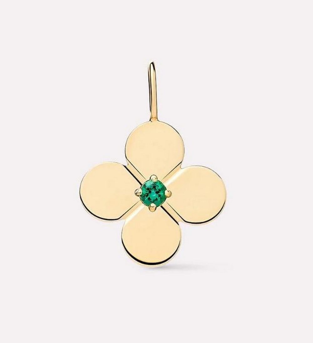 10K Solid Gold Flower Pendant with Lab-Grown Emerald: 10K Solid Gold Flower Pendant with Lab-Grown Emerald This pendant is crafted from 10K solid gold and features a flower silhouette with a lab-grown emerald set in the center. Designed to slide onto you