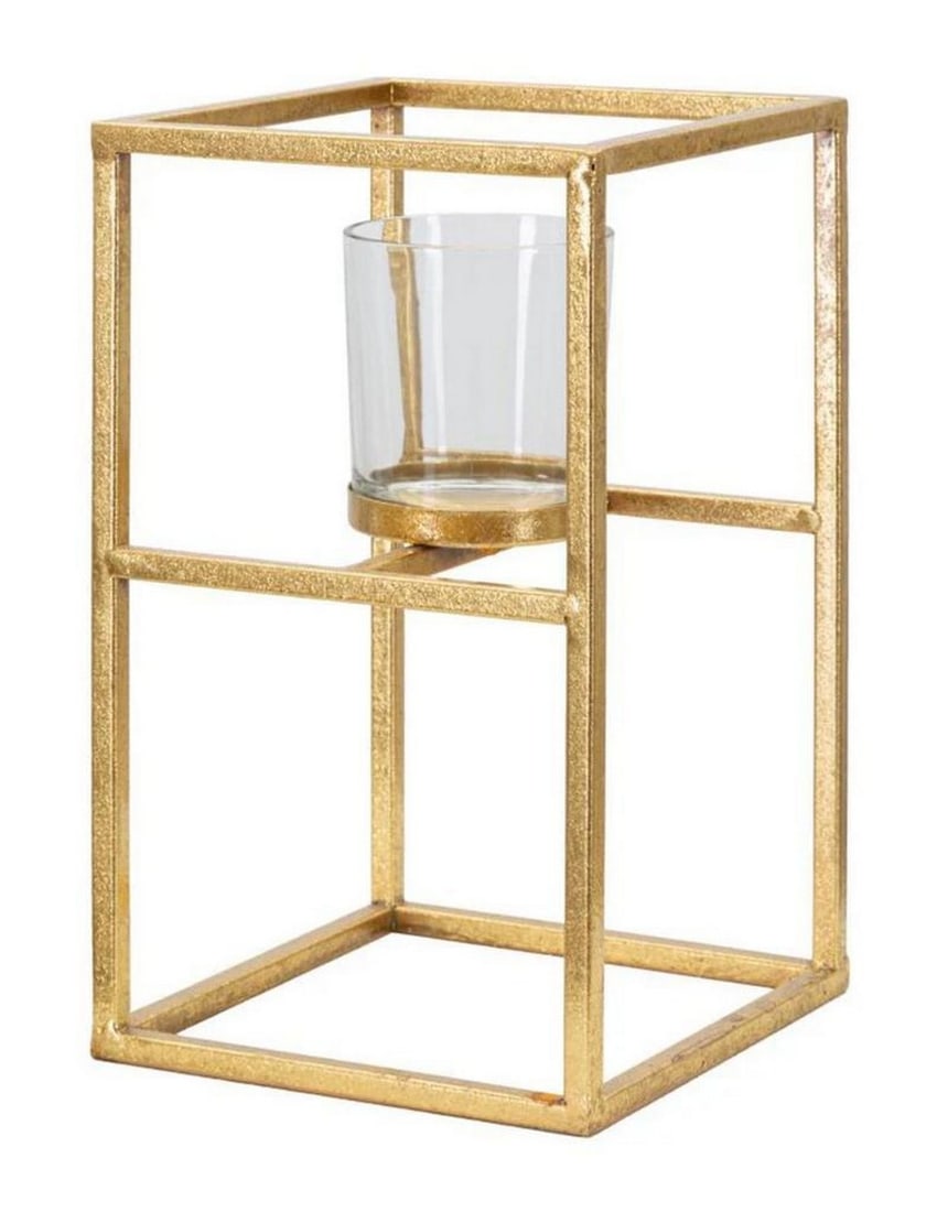 Square Candle Holder in Golden Metal and Glass: Square Candle Holder in Golden Metal and Glass Explore the allure of Mauro Ferretti, a beacon of Italian craftsmanship, with this exquisite golden metal candle holder adorned with a sleek, geometrical