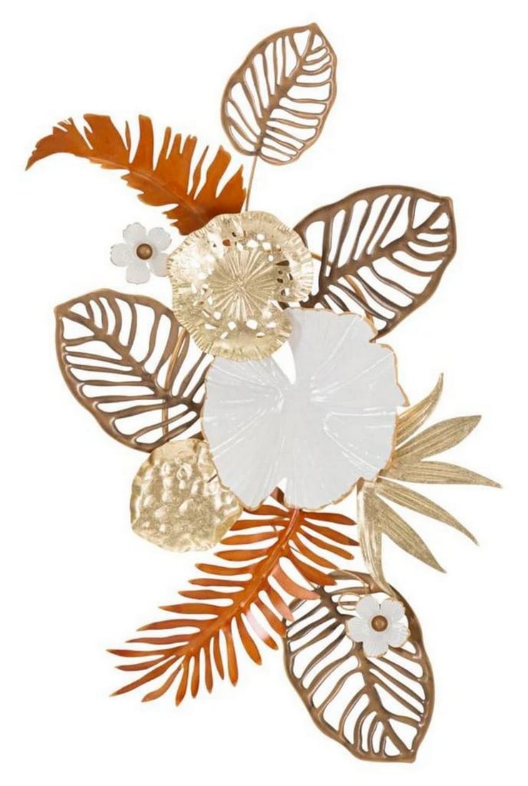 3D Floral Metal Panel: 3D Floral Metal Panel A 3D decorative wall panel crafted from metal, featuring a floral-inspired composition with layered leaves in varying tones. The dimensional design adds texture and depth, making