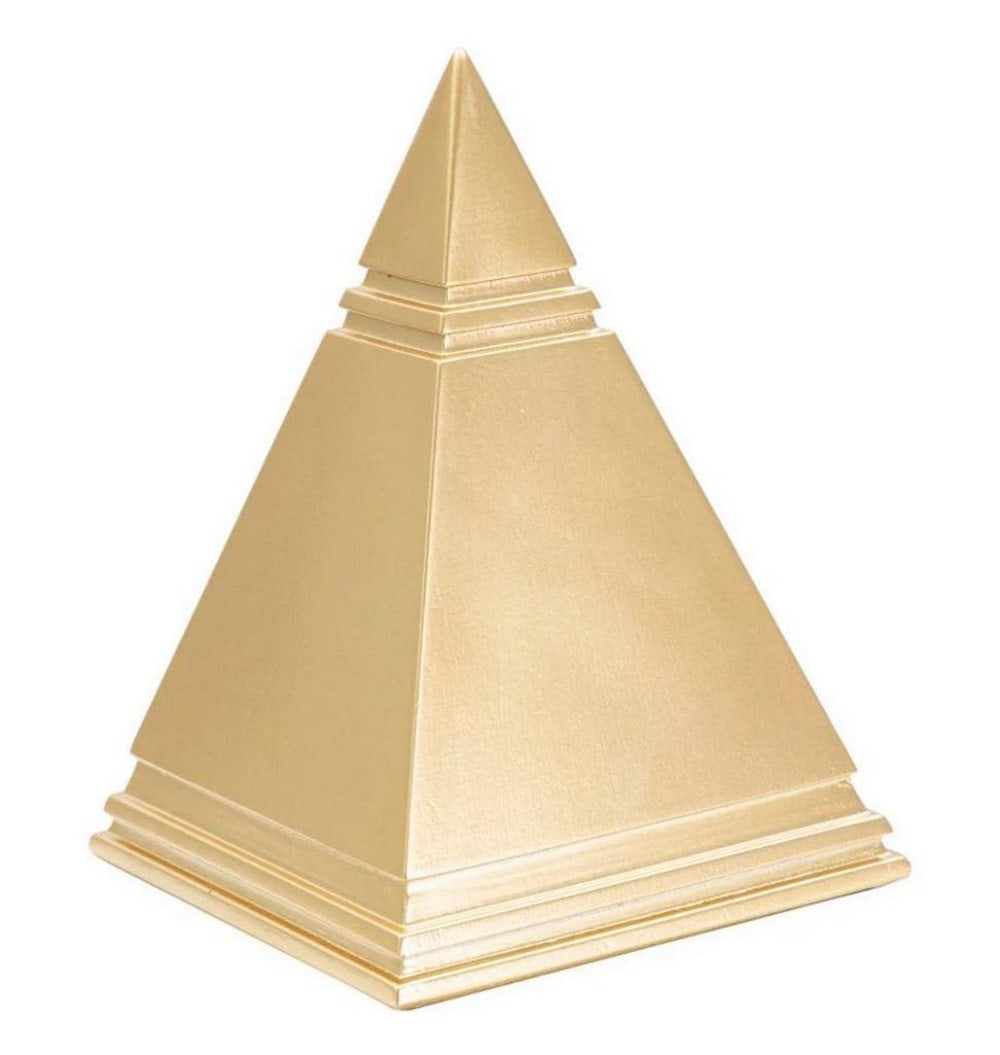 Golden Pyramid Sculptural Decor: Golden Pyramid Sculptural Decor A sophisticated pyramid-shaped decoration, evoking a sense of magic with its golden hue, adding a touch of class and mystery. Dimensions: Height: 15.5 cm / 6.2''