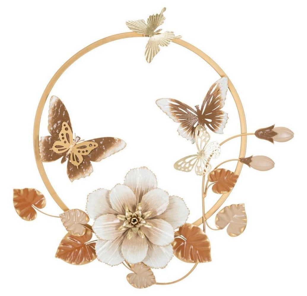 Metal Butterfly & Flower Wall Decor with Round Frame: Metal Butterfly & Flower Wall Decor with Round Frame 3D decorative wall panel made of golden metal, featuring flowers, leaves, and butterflies arranged within a circular frame. Materials: Iron. Dimens