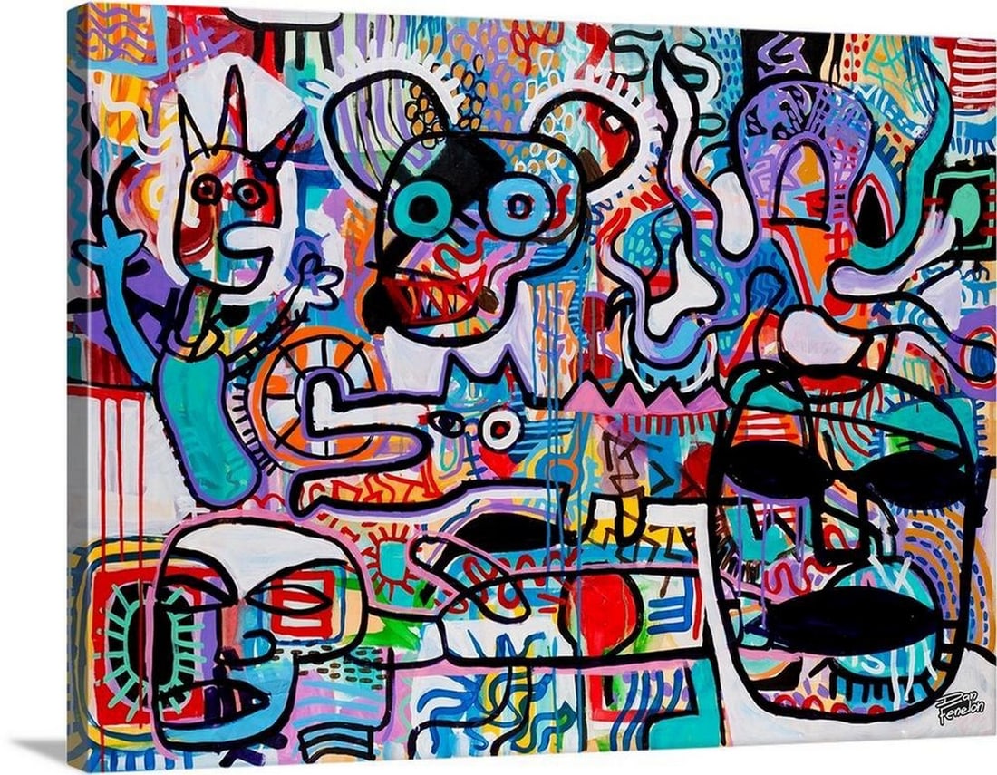 Cavecophony Canvas Reproduction by Dan Fenelon: Cavecophony Canvas Reproduction by Dan Fenelon ''Cavecophony'' is a contemporary abstract work that merges mouse-like forms with human figures in a dynamic urban art style. The composition layers play