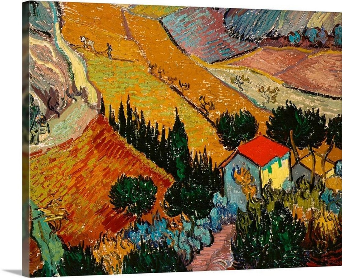 Landscape with House and Ploughman, 1889 Canvas Reproduction by Vincent van Gogh: Landscape with House and Ploughman, 1889 Canvas Reproduction by Vincent van Gogh ''Landscape with House and Ploughman, 1889'' presents an elevated view of rural life, depicting a farmer and horse plow