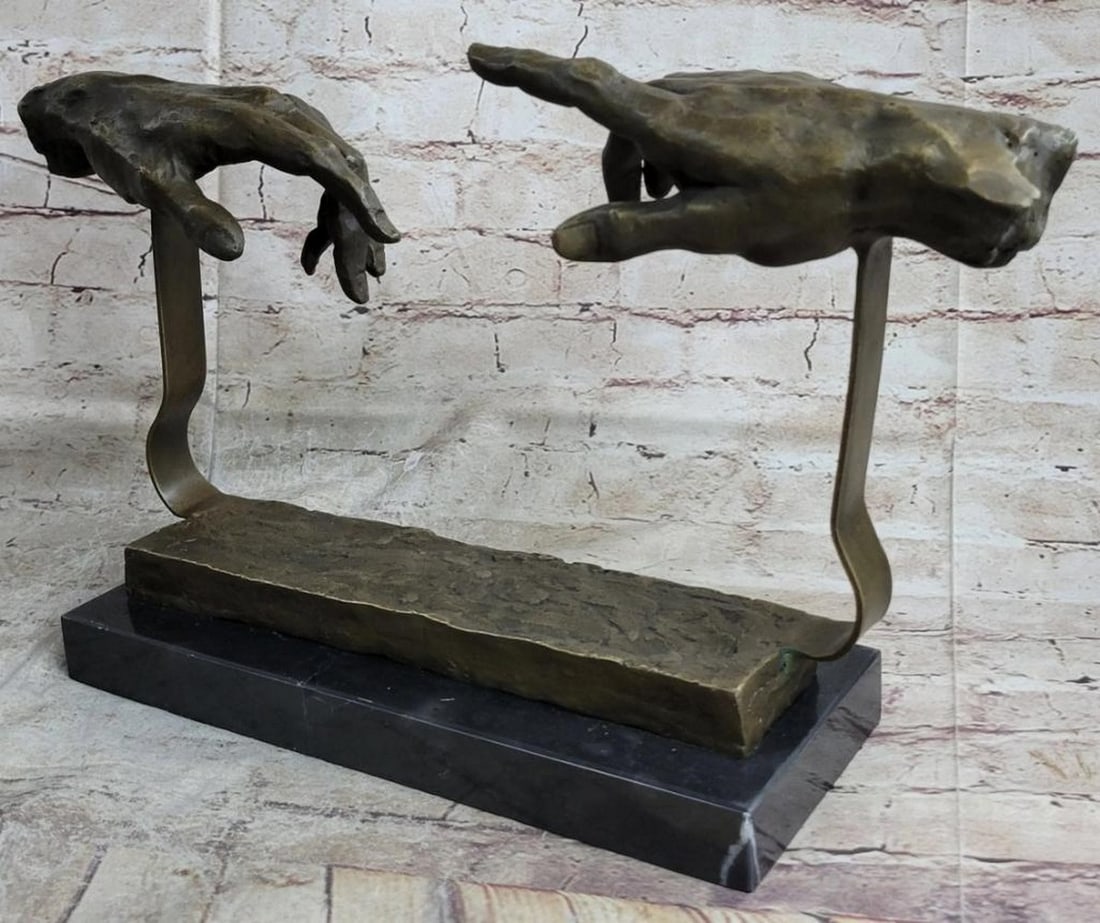 Inspired Reaching Out Hands Bronze Sculpture - 9'' x 18'': Inspired Reaching Out Hands Bronze Sculpture - 9'' x 18'' This is a unique representation of the famous artist, Michelangelo` s painting, '' The Creation of Adam'' . The painting is a section of Mi