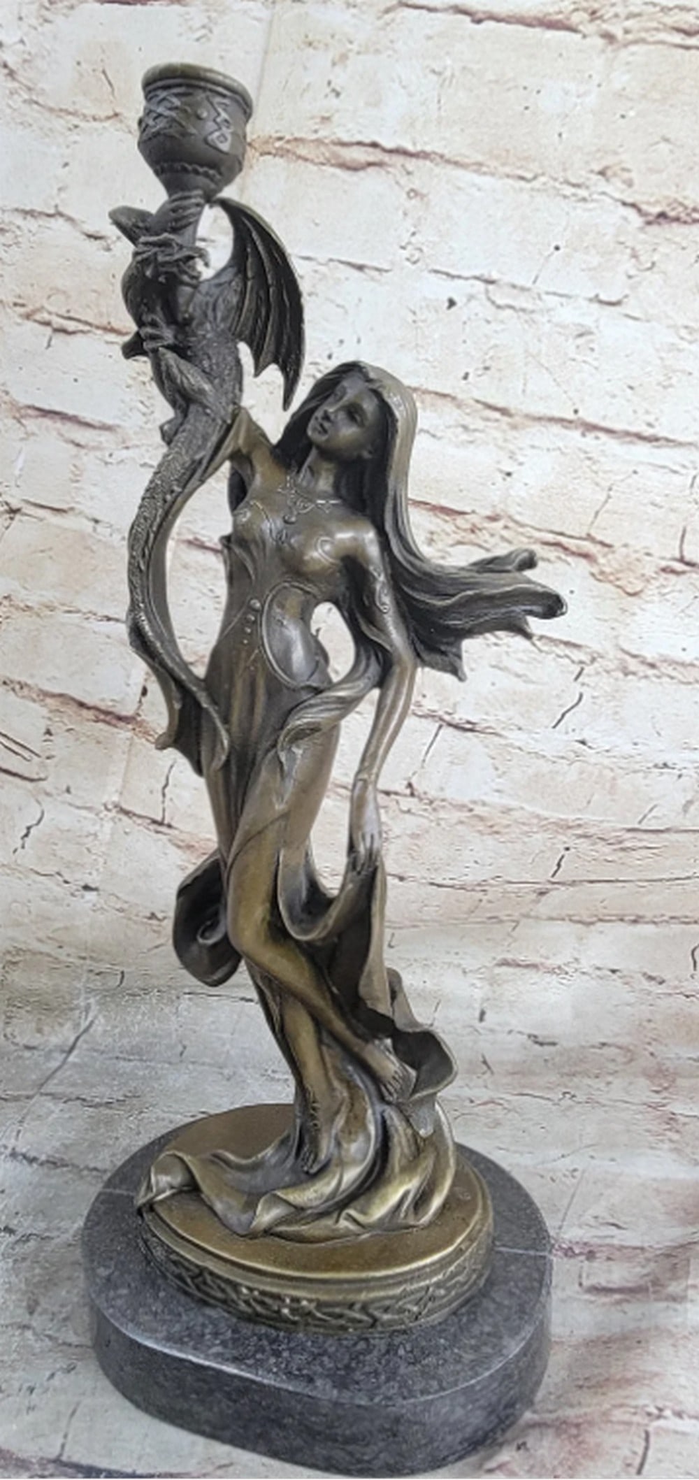 Dragon Lady Mythological Bronze Sculpture: Fashioned from solid bronze, its hand-painted and antiqued finish accentuates every intricate detail, from its flowing lines to its delicate embellishments. Each element harmoniously combines to creat