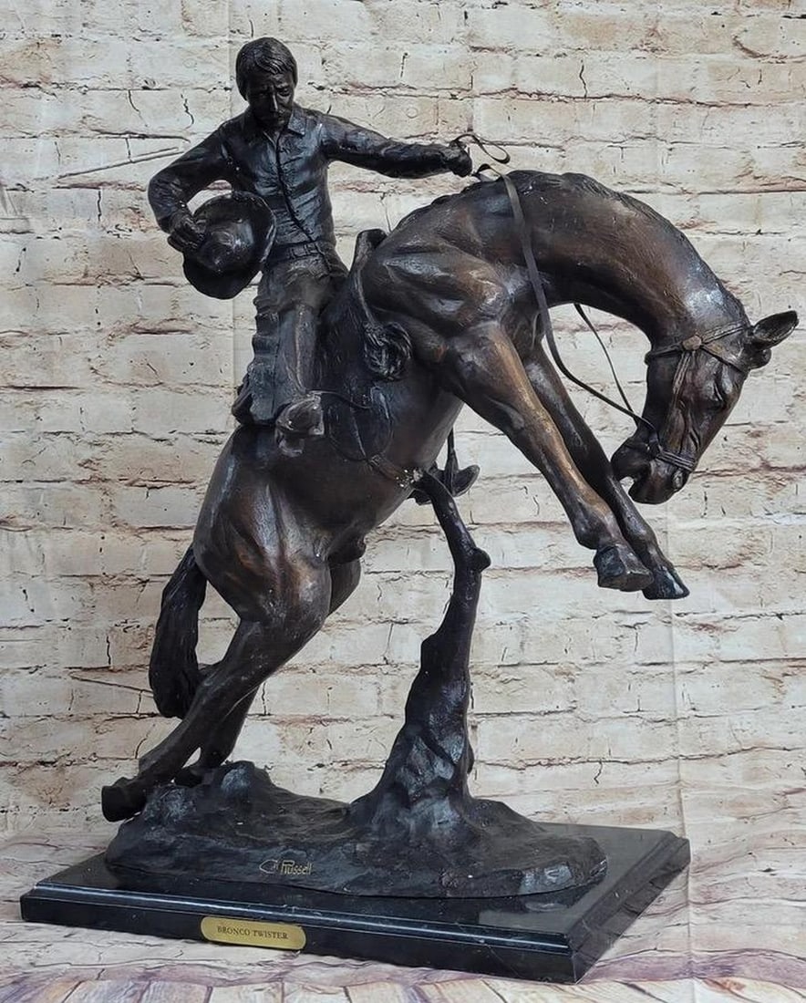 Bronco Twister & Cowboy Bronze Sculpture - 23" x 24": Bronco Twister & Cowboy Bronze Sculpture - 23" x 24" Bronco Twister", a bronze statue inspired by C.M. Russell`s famous pieces, is handmade and cast in the traditional Lost Wax Casting