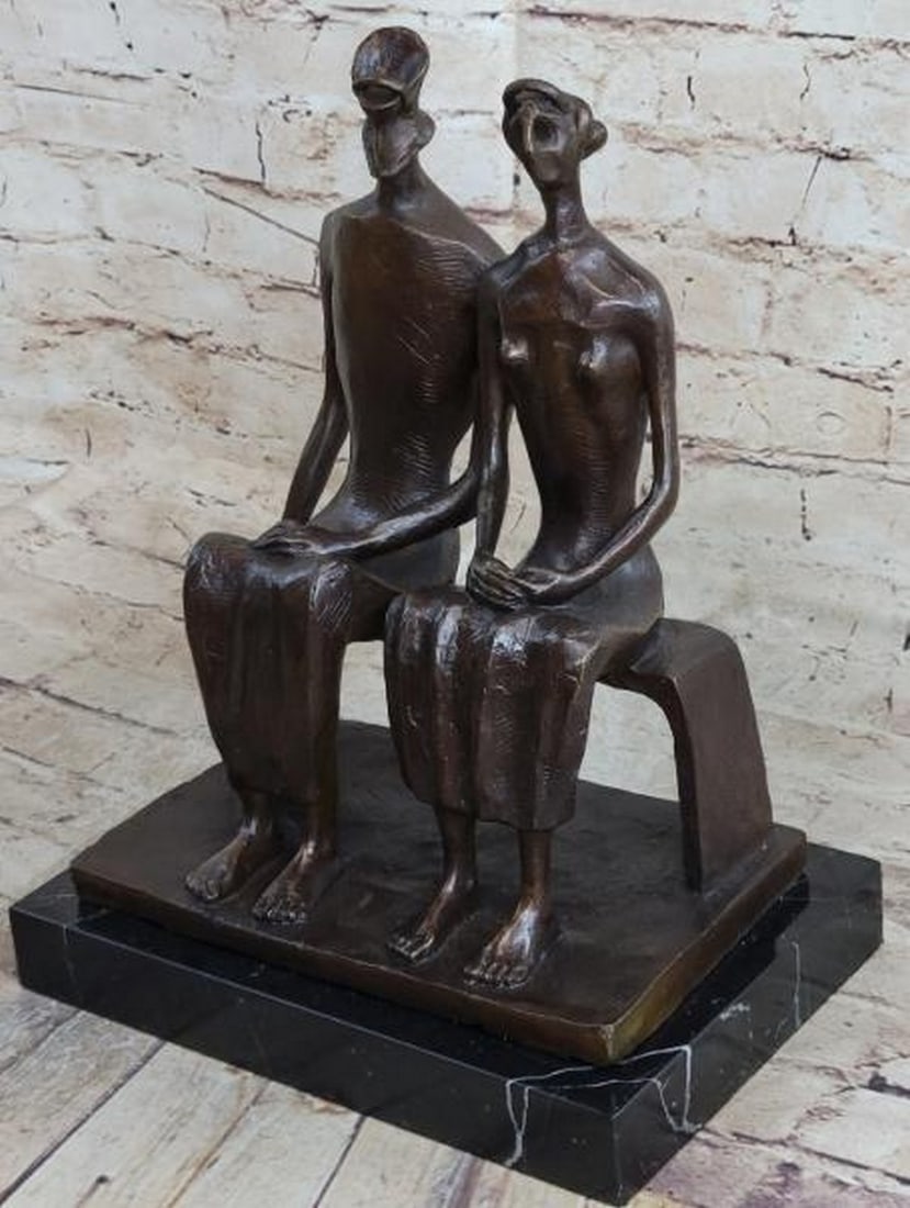 Silent Companions Abstract Man & Woman on Bench Sculpture: Silent Companions Abstract Man & Woman on Bench Sculpture A contemplative and emotive bronze sculpture reproduction inspired by the abstract language of Henry Moore, depicting a man and woman seated s