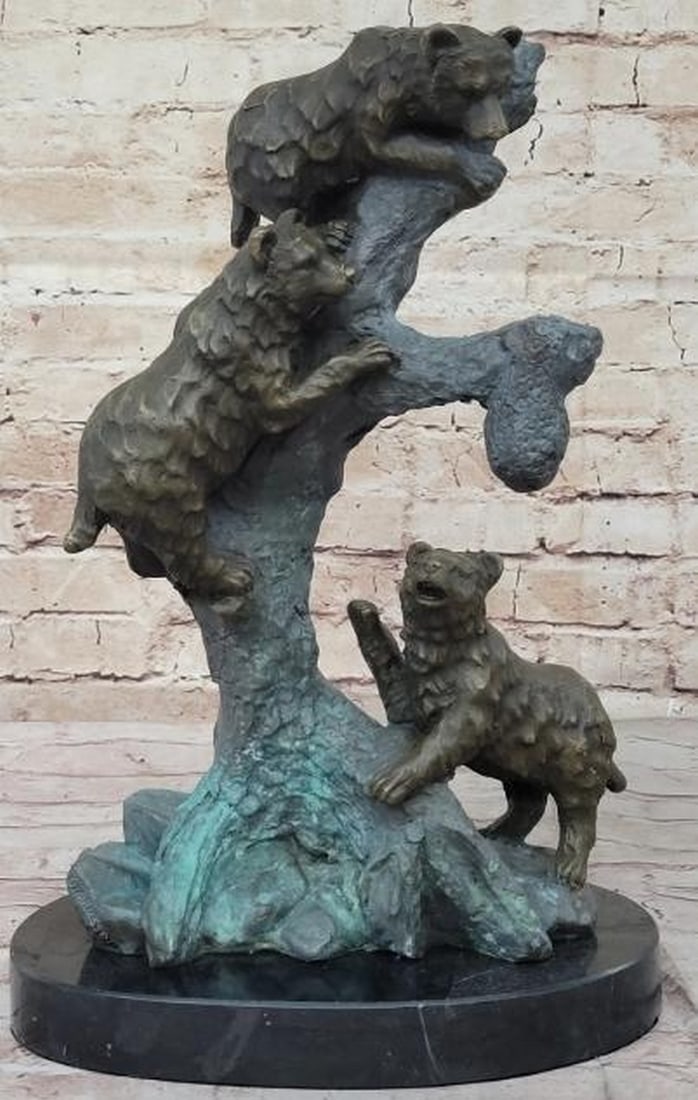 Bear Family Seeking Honey Bronze Patina Sculpture: Bear Family Seeking Honey Bronze Patina Sculpture This charming bronze reproduction sculpture, bearing the signature of famed Western artist C.M. Russell, captures a heartwarming wilderness moment, a 