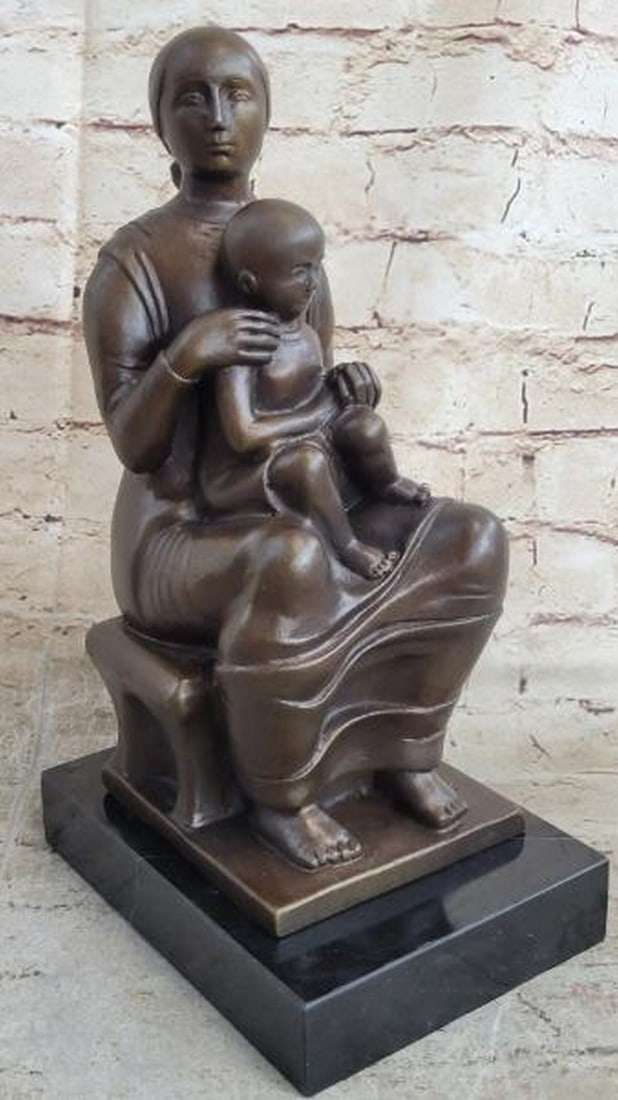 Eternal Bond Mother and Child Bronze Sculpture: Eternal Bond Mother and Child Bronze Sculpture A serene and powerful bronze reproduction sculpture bearing the signature of artist Henry Moore, the sculpture features a seated mother on a simple stool