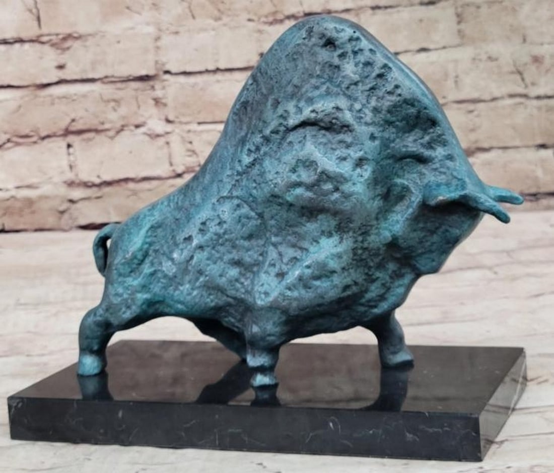 Abstract Bull Bronze Sculpture in Green-Blue Patina: Abstract Bull Bronze Sculpture in Green-Blue Patina This captivating abstract bronze bull sculpture, finished in a vibrant green-blue patina, is inspired by Pablo Picasso's modernist vision,