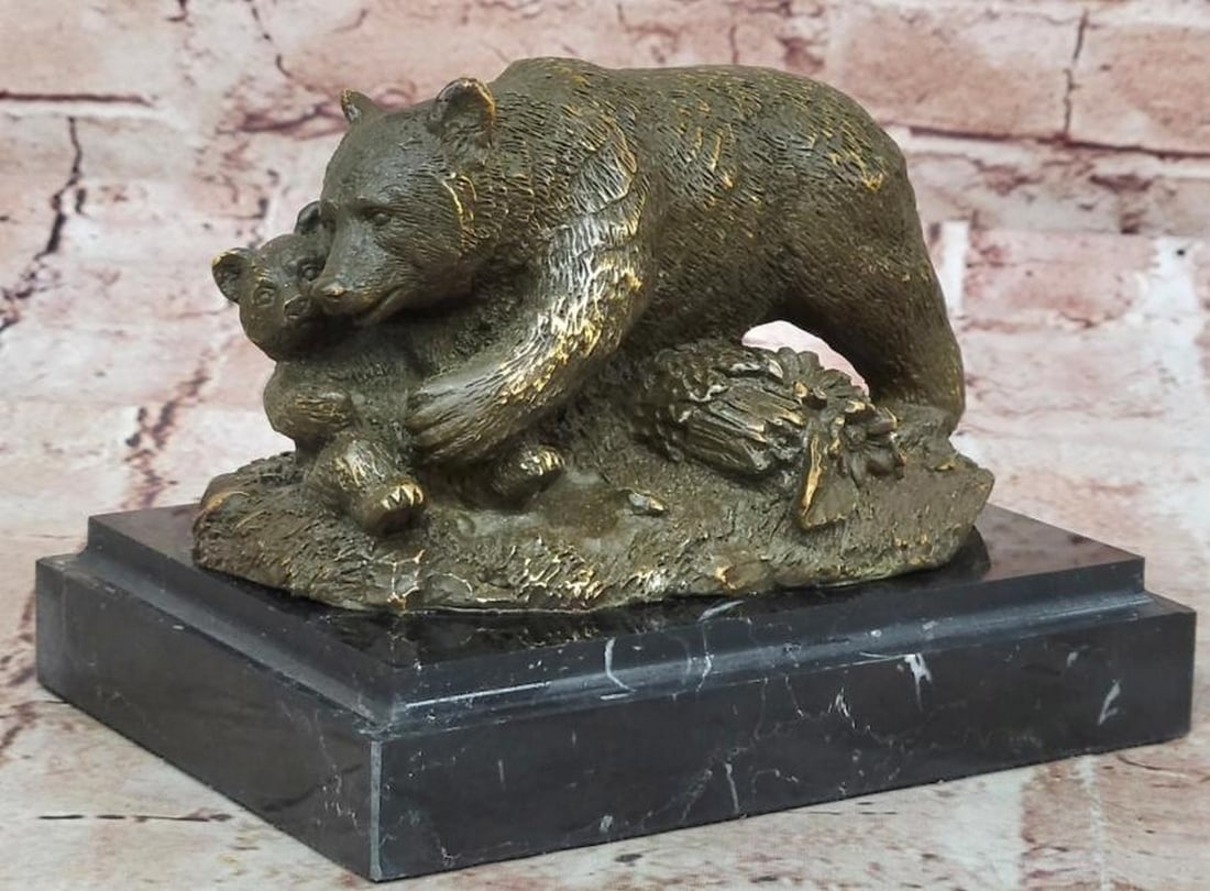 Tender Embrace: Reproduction Bronze Mother Bear and Cub: Tender Embrace: Reproduction Bronze Mother Bear and Cub This exquisite reproduction bronze sculpture beautifully captures a heartfelt moment between a mother bear and her cub nestled amidst a textured