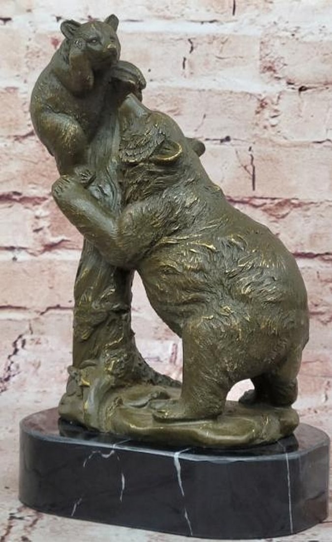 Upward Bound: Playful Bear and Cub Bronze Sculpture: Upward Bound: Playful Bear and Cub Bronze Sculpture Full of warmth and movement, this charming bronze sculpture captures a tender moment between a mother bear and her adventurous cub. The cub,