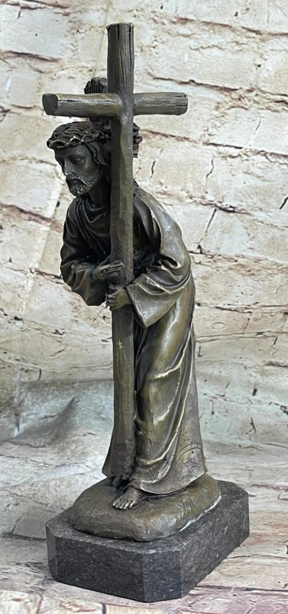 Jesus Christ Forced To Carry Cross Bronze Statue - 12" x 5": Jesus Christ Forced To Carry Cross Bronze Statue - 12" x 5" Weary, Jesus Christ perseveres while forced to carry the cross to Calvary, where He was to be crucified. The large cross weighs down