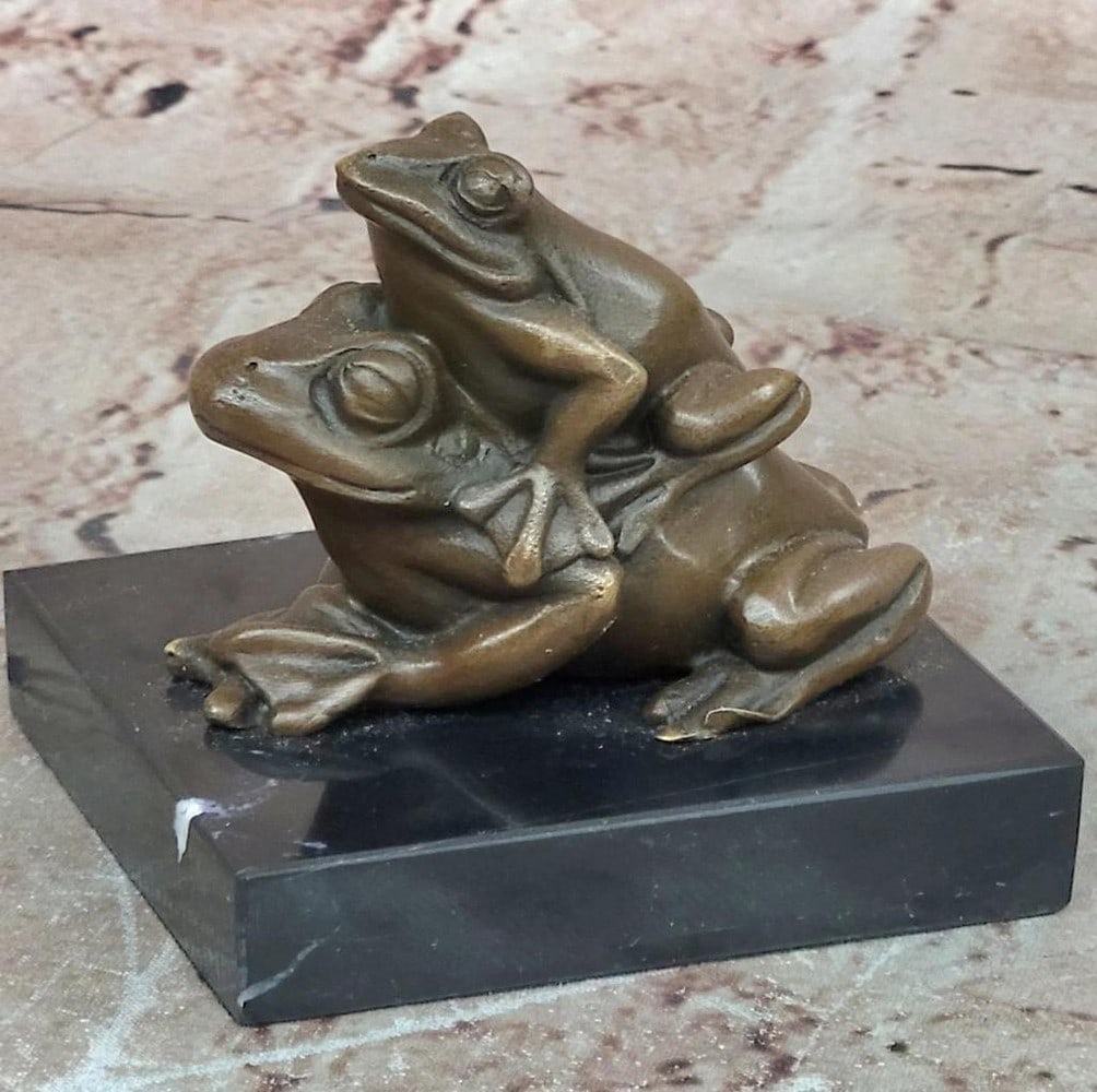 Mother and Baby Frog Bronze Statue - 3.5" x 3.5": Mother and Baby Frog Bronze Statue - 3.5" x 3.5" This original bronze statue depicts a mother frog with her baby, capturing a tender moment of care and protection. The figures are rendered wit