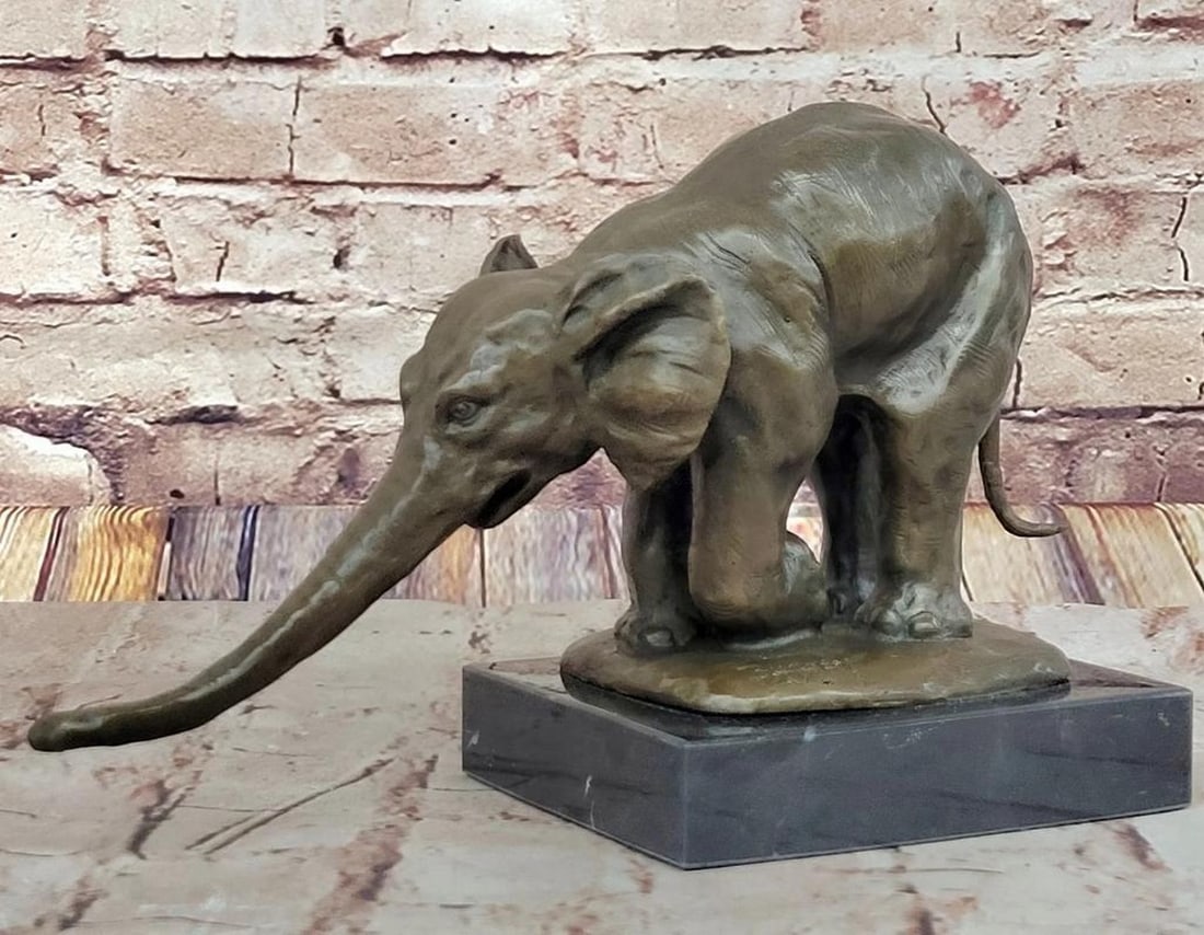 Bronze Elephant with Outstretched Trunk on Marble Base - 7.5" x 11.5" (1 of 5)