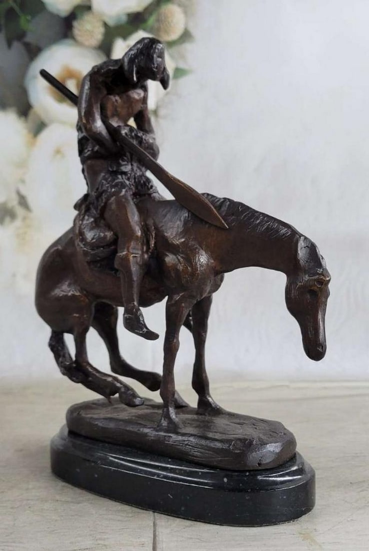 Fraser Inspired Hunting Man On Horseback Bronze Sculpture - 10" x 9": Fraser Inspired Hunting Man On Horseback Bronze Sculpture - 10" x 9" This sculpture features a man and his horse. He has his head completely down and it appears to be that he has fallen asleep