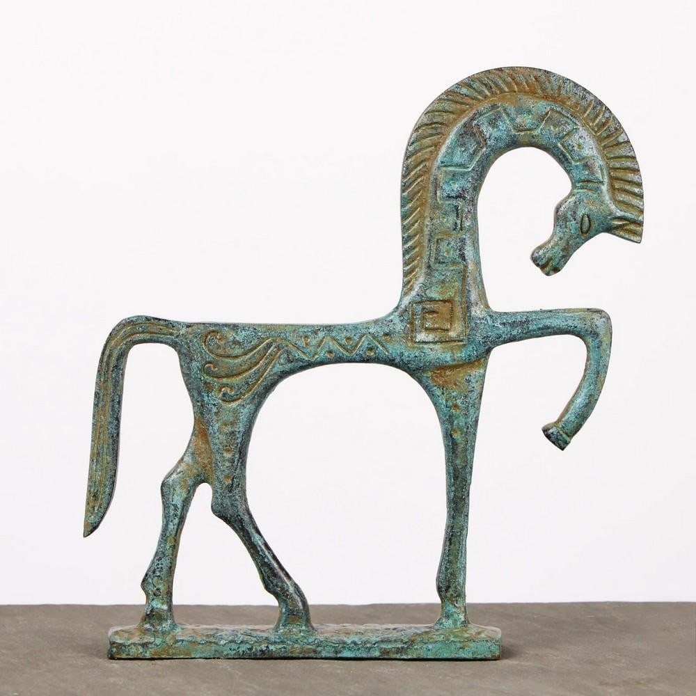 Greek Bronze Horse Figurine - (0.9lbs): Greek Bronze Horse Figurine - (0.9lbs) This small bronze horse statue draws from ancient Greek archaeological finds, featuring etched detailing and a slender pedestal base. Compact yet elegant, it's i