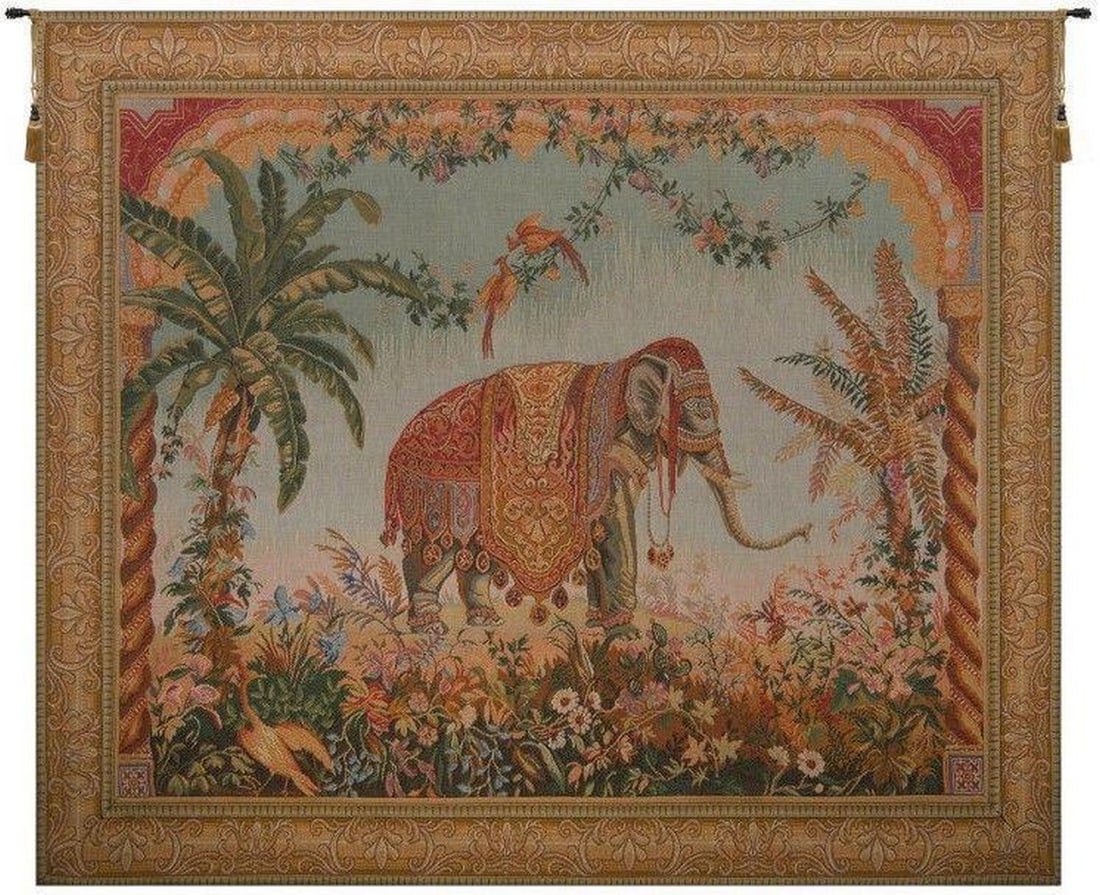 Royal Elephant Inspired French Wall Tapestry: Royal Elephant Inspired French Wall Tapestry This French-woven jacquard tapestry is inspired by historic artwork displayed in the Louvre Museum and features a richly adorned Asian elephant set within