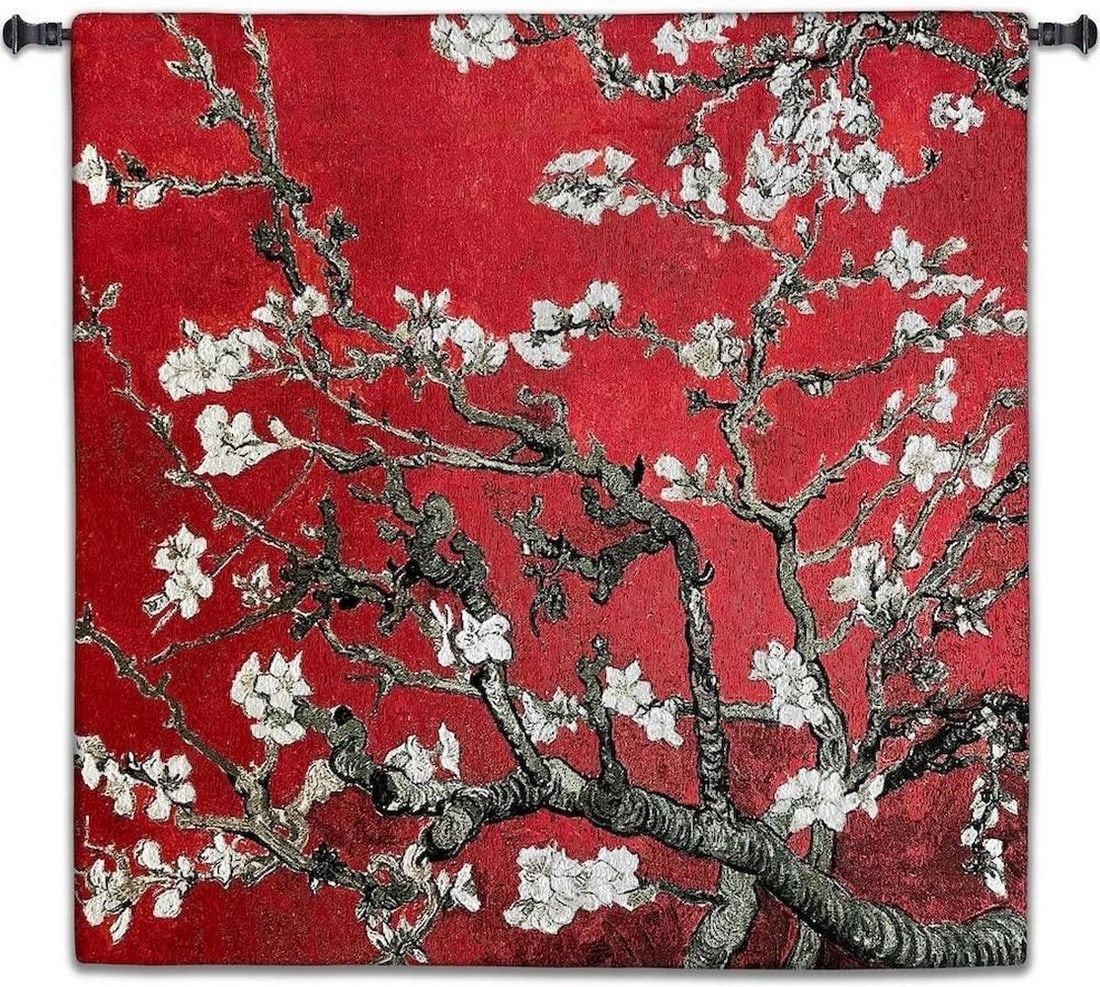 Almond Blossom Inspired Square Wall Tapestry: Almond Blossom Inspired Square Wall Tapestry This beautiful wall tapestry is inspired by Vincent van Gogh's celebrated 'Almond Blossoms,' originally painted in 1890 to symbolize hope, renewal, and