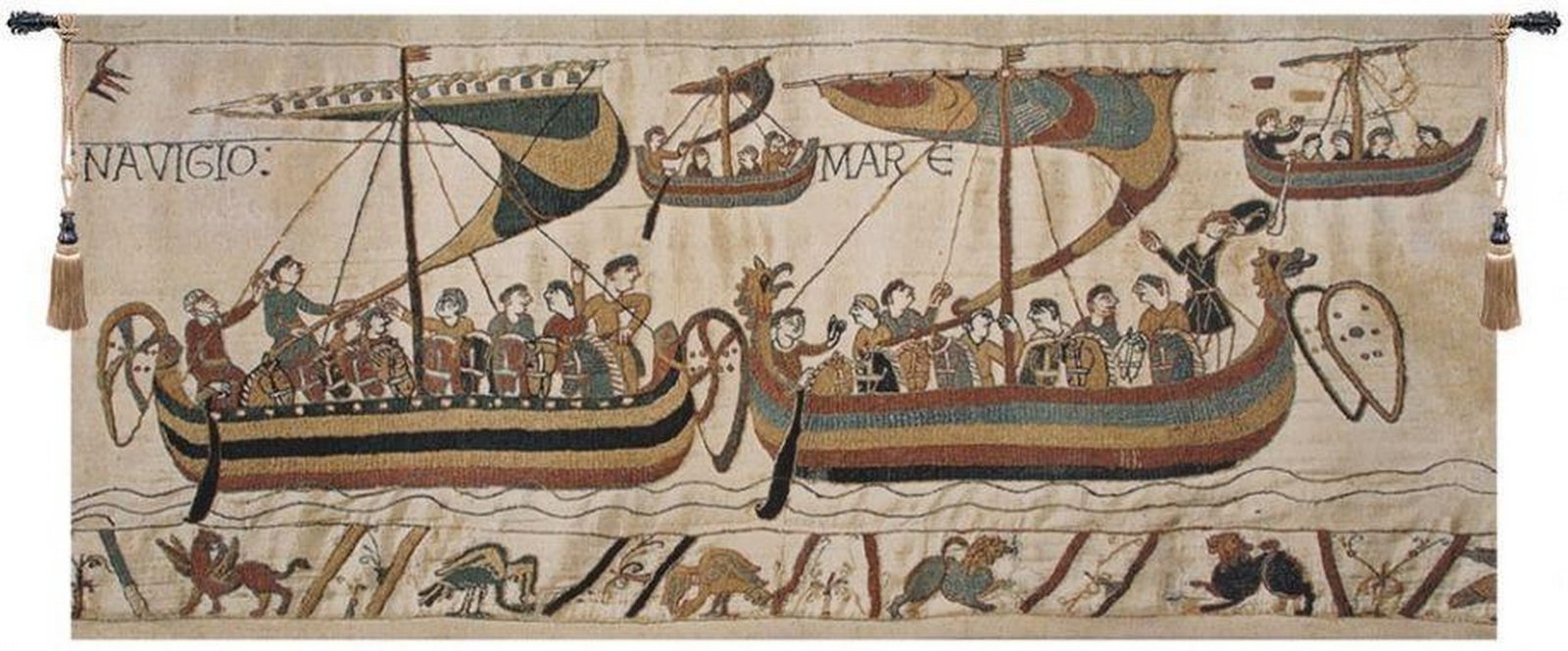 Bayeux Navigio Inspired Belgian Wall Tapestry: Bayeux Navigio Inspired Belgian Wall Tapestry This Belgian-woven tapestry is inspired by the historic Bayeux imagery, capturing medieval nautical scenes with remarkable detail and storytelling charm.