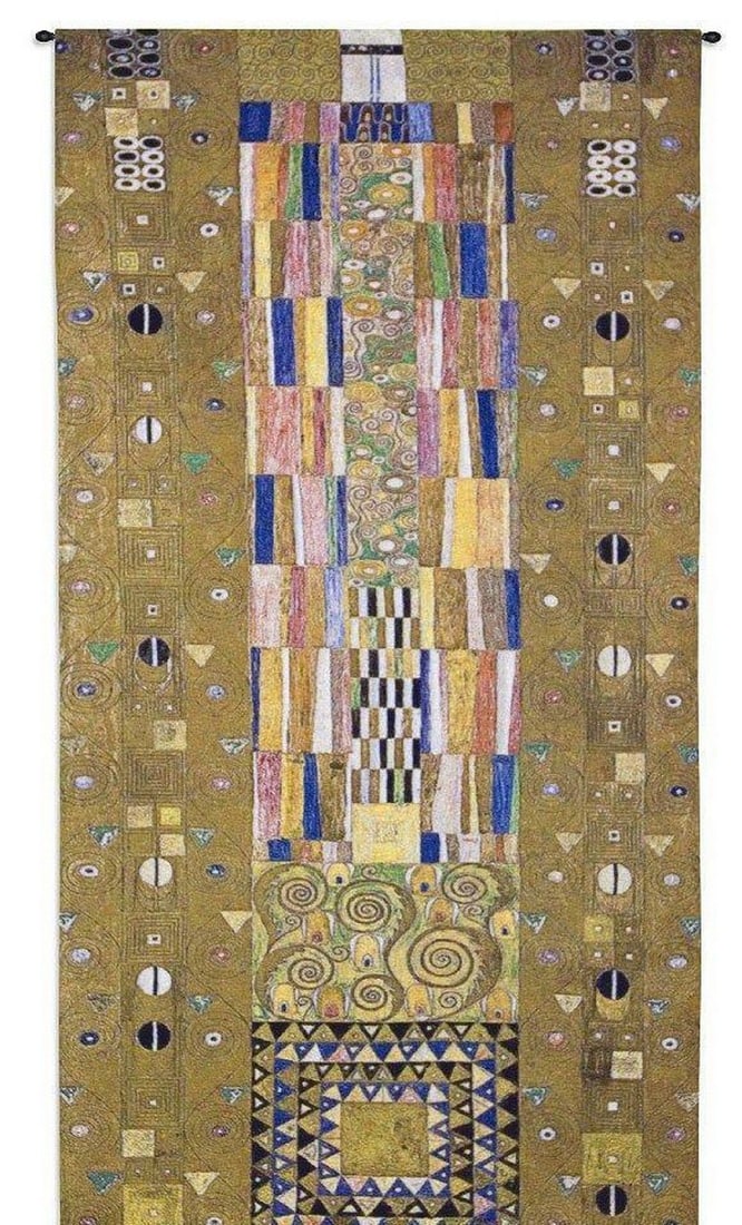Gustav Klimt Stoclet Frieze Inspired Wall Tapestry: Gustav Klimt Stoclet Frieze Inspired Wall Tapestry This striking wall tapestry is inspired by Gustav Klimt's celebrated Stoclet Frieze, a monumental decorative commission created between 1905 - 1911 f