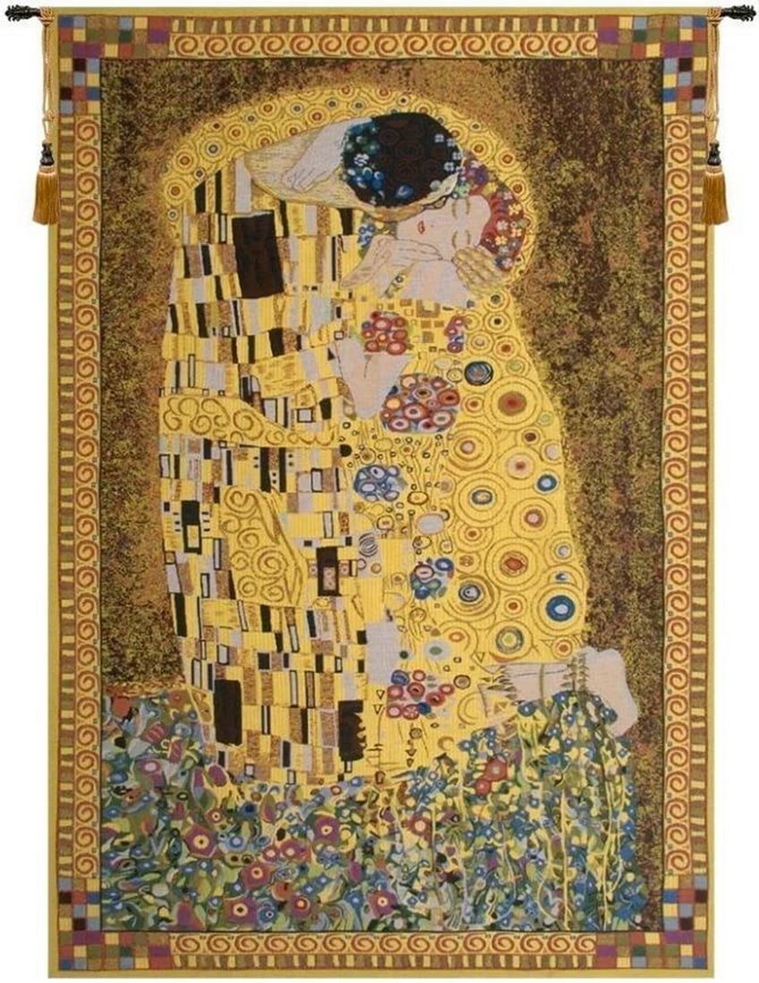 Gustav Klimt The Kiss Inspired Belgian Wall Tapestry: Gustav Klimt The Kiss Inspired Belgian Wall Tapestry This Belgian-woven tapestry is inspired by Gustav Klimt's iconic masterpiece 'The Kiss,' created during his celebrated Golden Period. The design