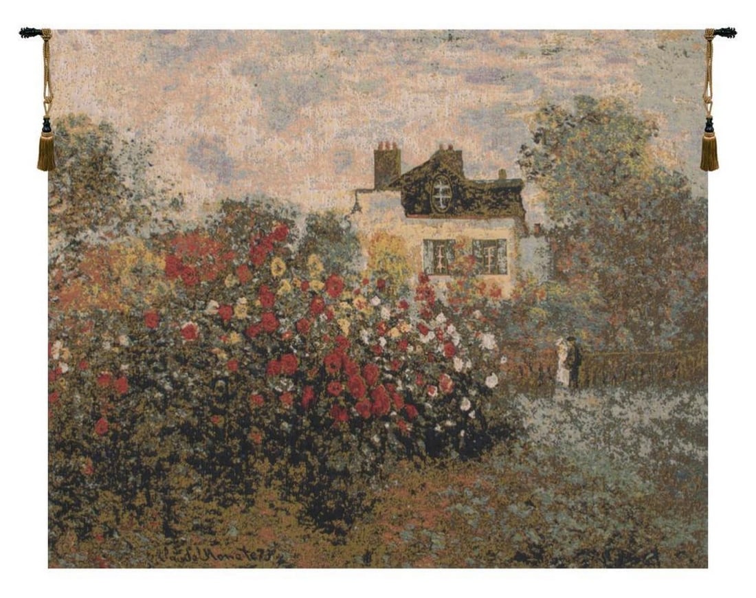 House of Claude Monet Inspired Belgian Wall Tapestry: House of Claude Monet Inspired Belgian Wall Tapestry This Belgian-woven tapestry is inspired by Claude Monet's beloved home and garden at Giverny, capturing the peaceful charm of the house framed by l