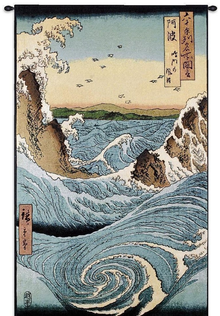 Navaro Rapids Inspired Japanese Wall Tapestry: Navaro Rapids Inspired Japanese Wall Tapestry This tapestry is inspired by the renowned 1855 artwork by Ando Hiroshige, often referred to as 'View of the Naruto Whirlpools at Awa.' It beautifully capt