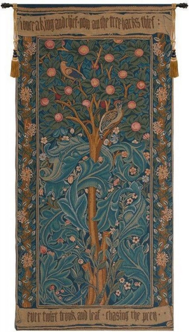 The Woodpecker Verse Inspired Wall Tapestry: The Woodpecker Verse Inspired Wall Tapestry This beautifully crafted tapestry is inspired by William Morris's 1885 'Woodpecker' design, based on the poetic tale of Picus from Ovid's Metamorphoses. Fea