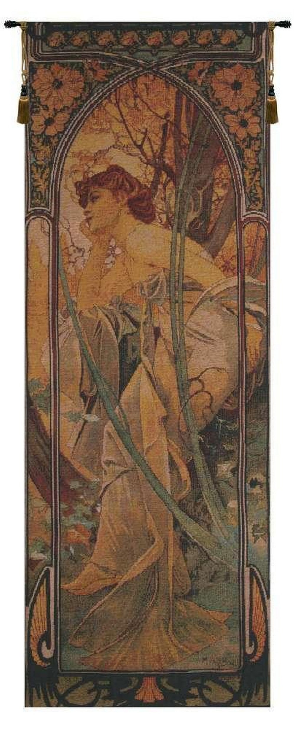 Nouveau Soir Inspired Belgian Wall Tapestry: Nouveau Soir Inspired Belgian Wall Tapestry Inspired by Alphonse Mucha's enchanting Art Nouveau style, this elegant tapestry captures the grace, flowing lines, and ethereal beauty that define his cele
