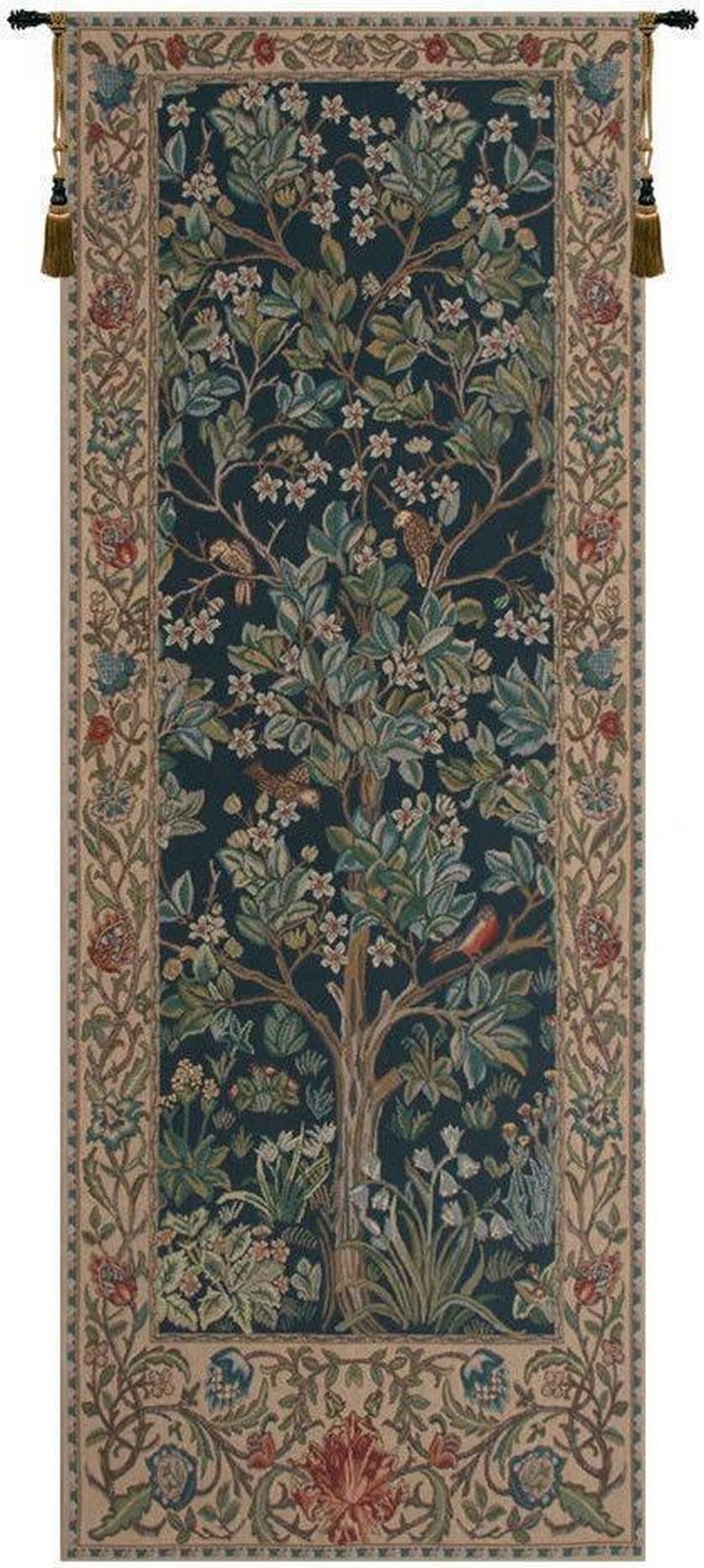 Blue Tree of Life William Morris Inspired Vertical Belgian Wall Tapestry: Blue Tree of Life William Morris Inspired Vertical Belgian Wall Tapestry Inspired by William Morris's celebrated 1879 creation, this elegant tapestry beautifully showcases his iconic Tree of Life desi