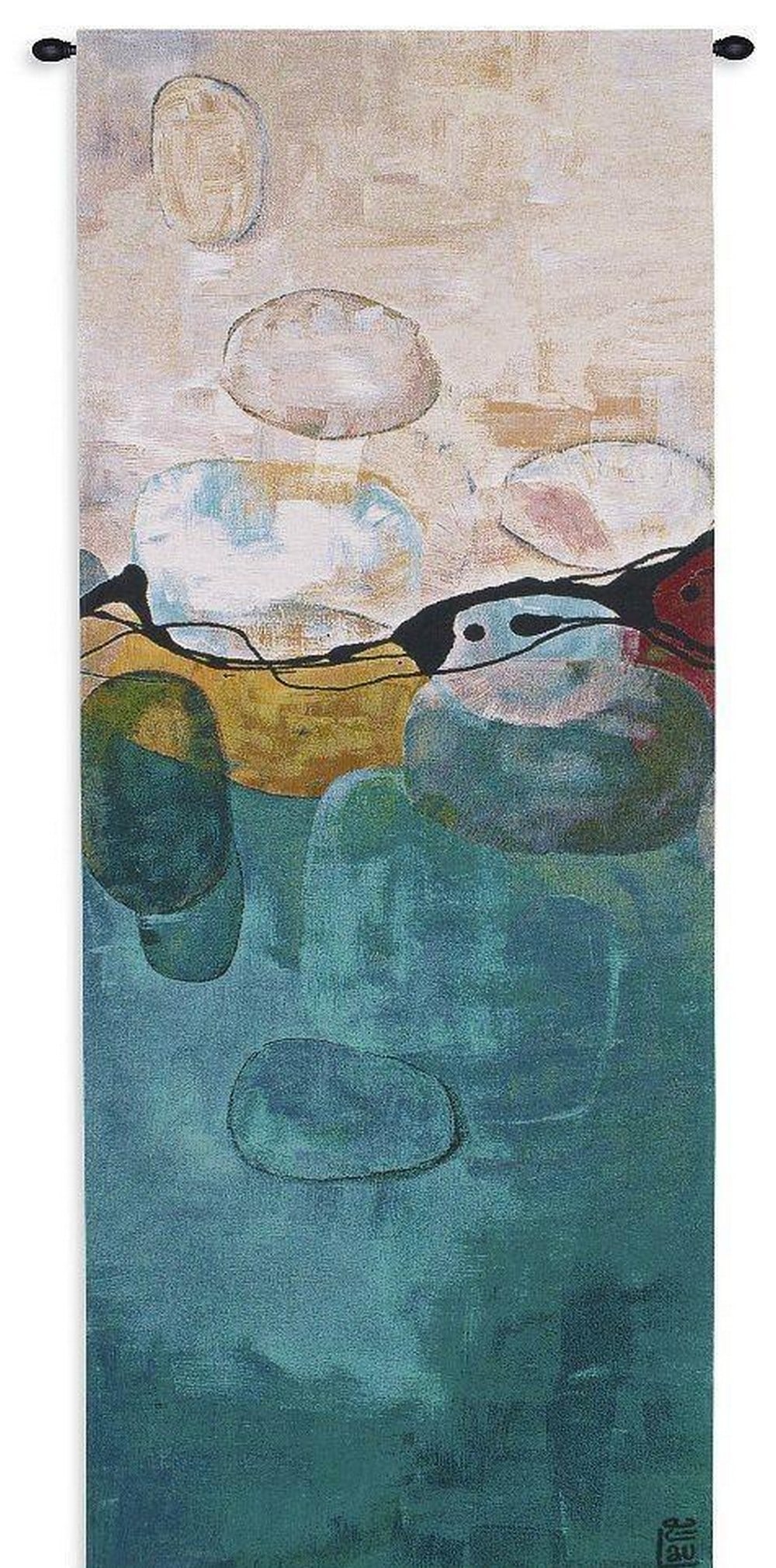 Composition Seven Inspired Wall Tapestry: Composition Seven Inspired Wall Tapestry This striking vertical abstract tapestry blends intricate shapes, layered textures, and cooling tones to create a captivating modern statement piece for your s