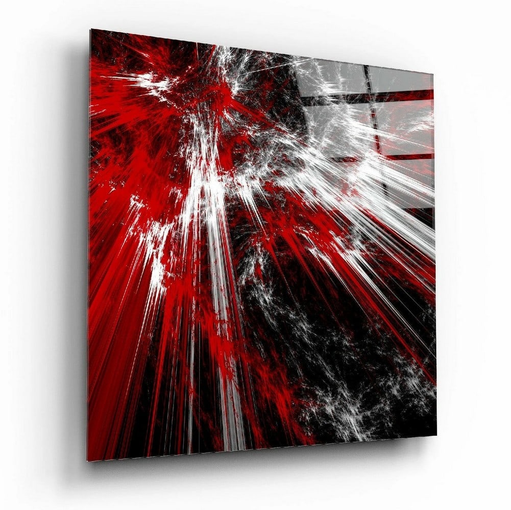 Crimson Burst Tempered Glass Wall Art: Crimson Burst Tempered Glass Wall Art This bold tempered glass wall art features a dynamic abstract composition with intense red tones and layered visual energy. Produced using high-definition UV prin