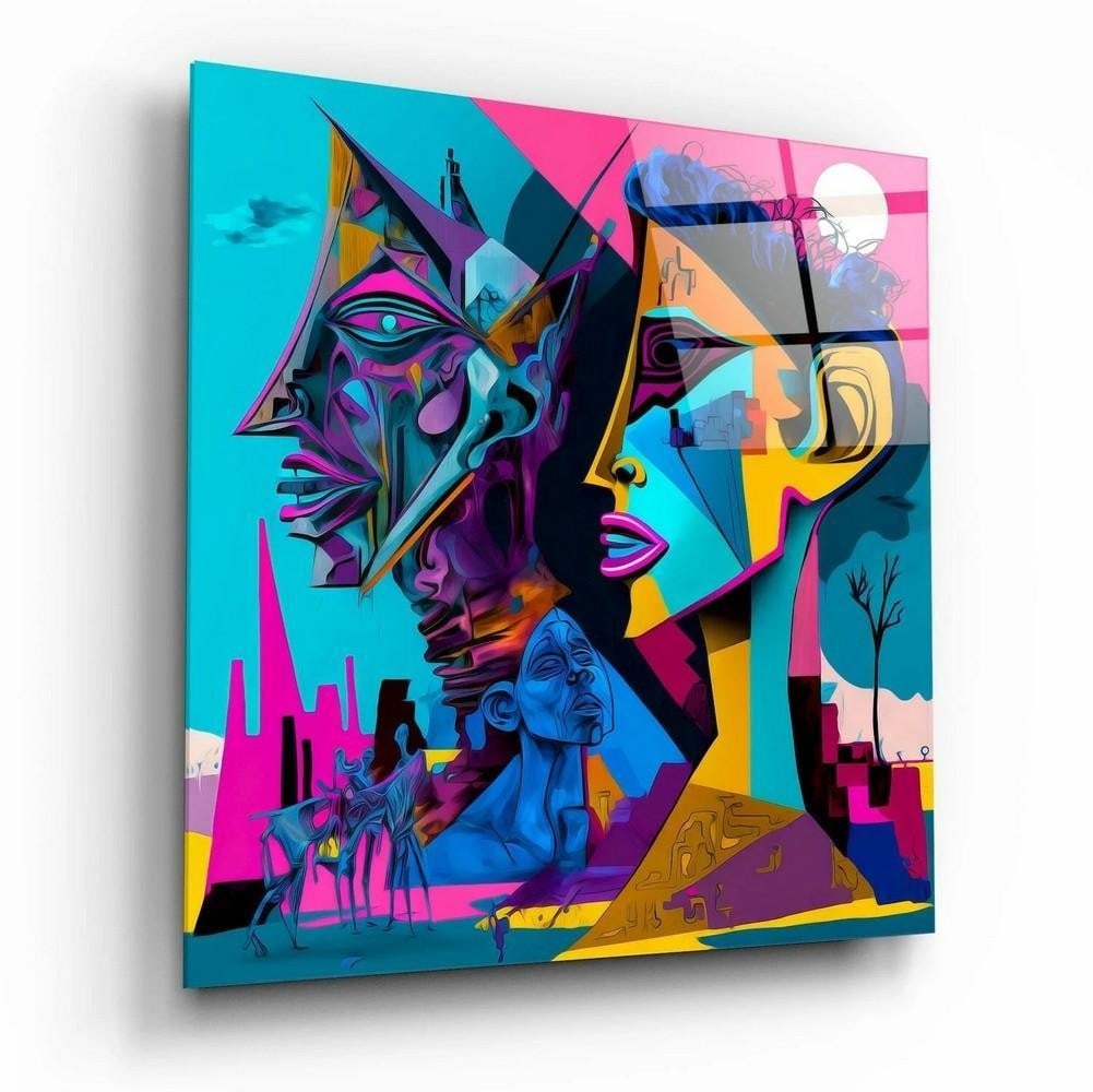 Abstract Mind Inspired Tempered Glass Wall Art: Abstract Mind Inspired Tempered Glass Wall Art This tempered glass wall art features a cubist-inspired composition with fragmented forms and layered perspectives, inspired by the style of Pablo Picass